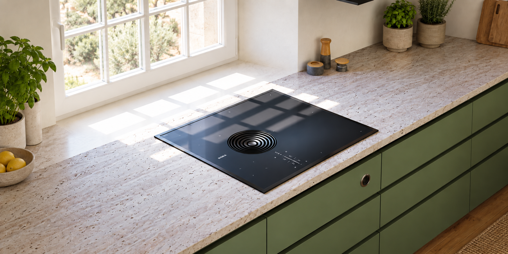 laca de cocción BORA con extractor integrado en una cocina contemporánea