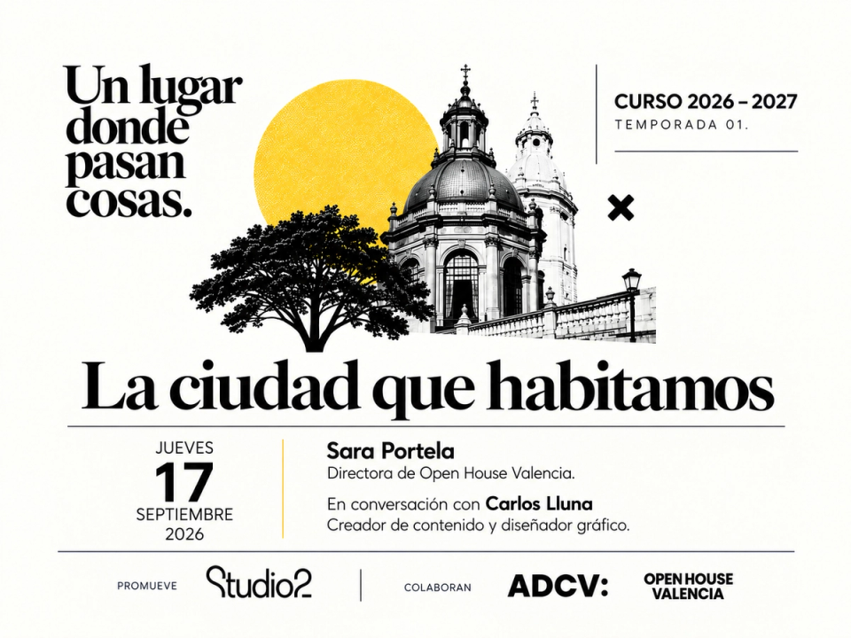 Collage en blanco y negro y amarillo de La ciudad que habitamos, primera conversación de Un lugar donde pasan cosas.