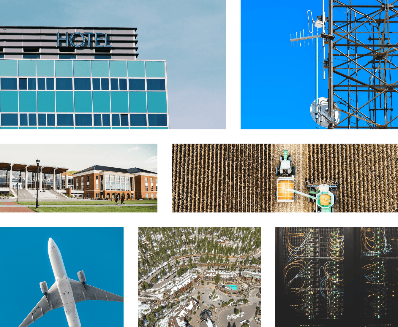 Image grid of a hotel, electricity, college campus, agriculture farm, airplane, city and data center