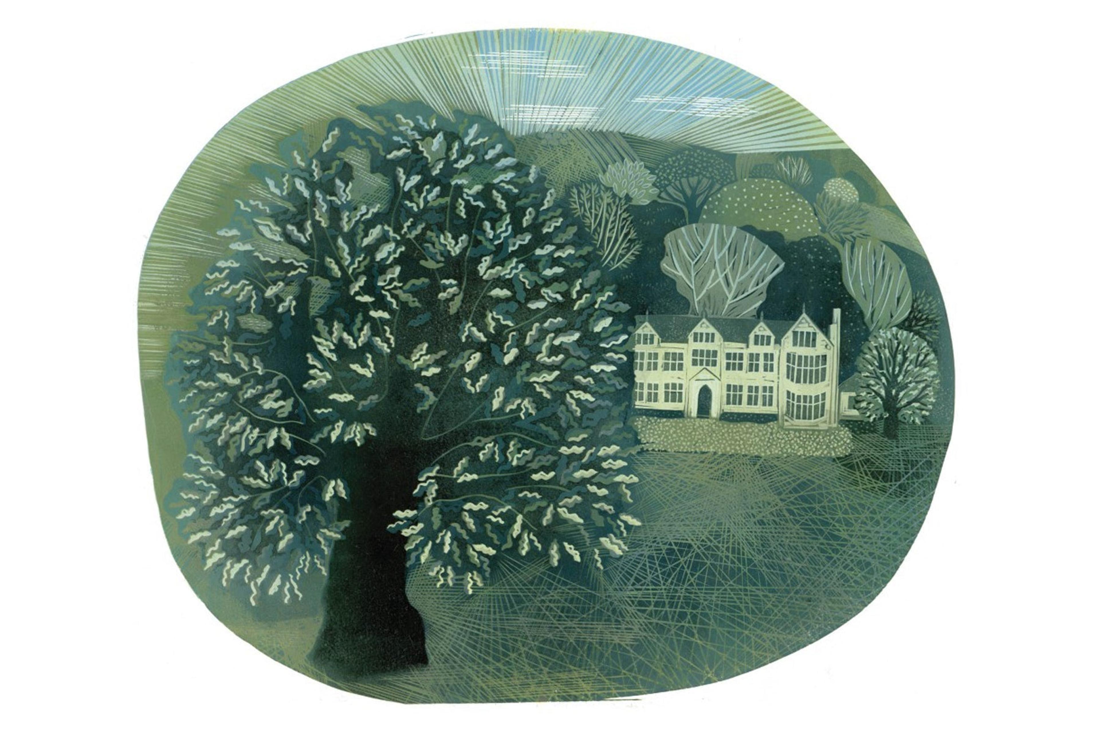 linocut print; muted green tree and background historical building