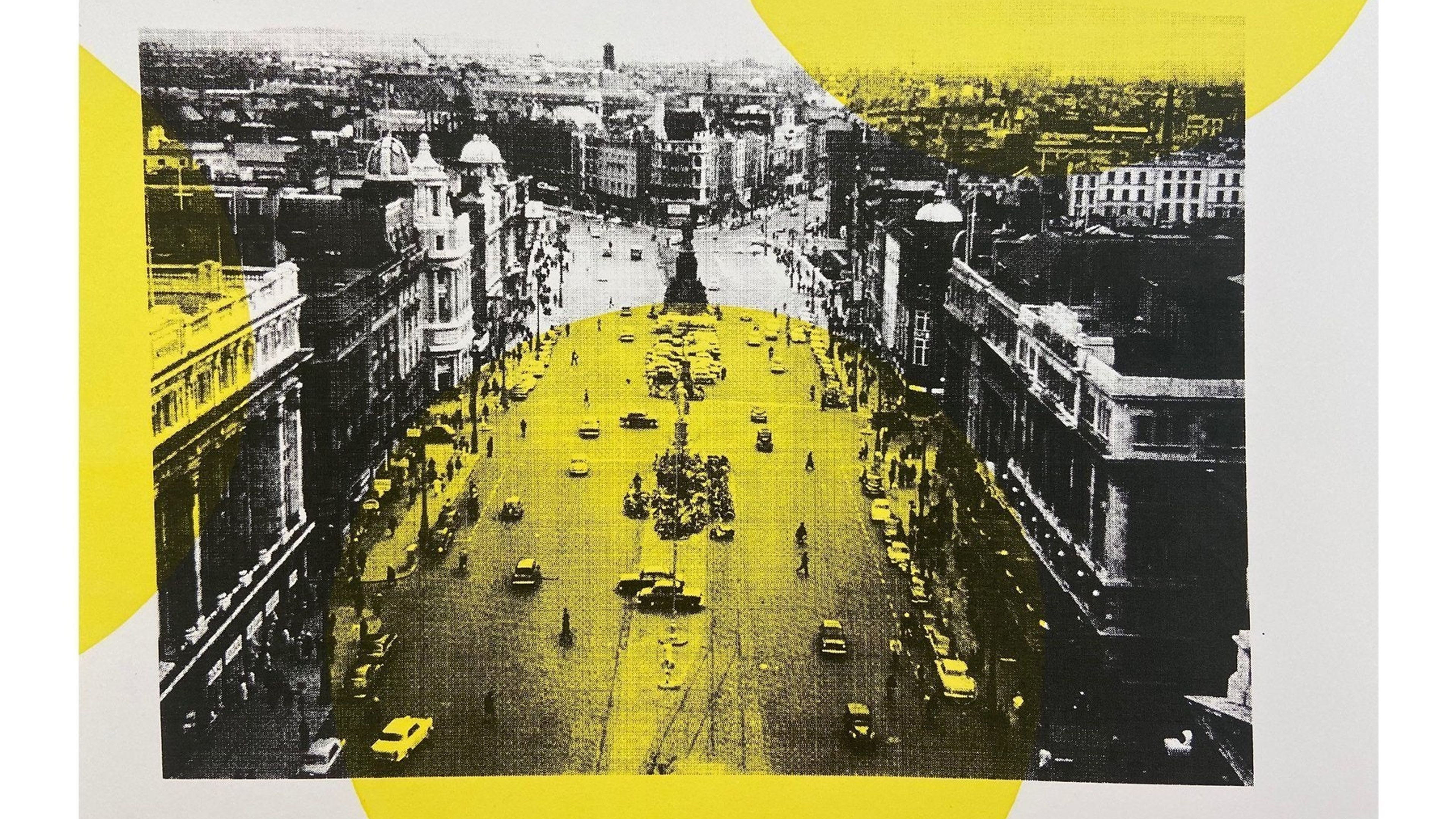 black and white urban street screenprint with yellow circles on surface