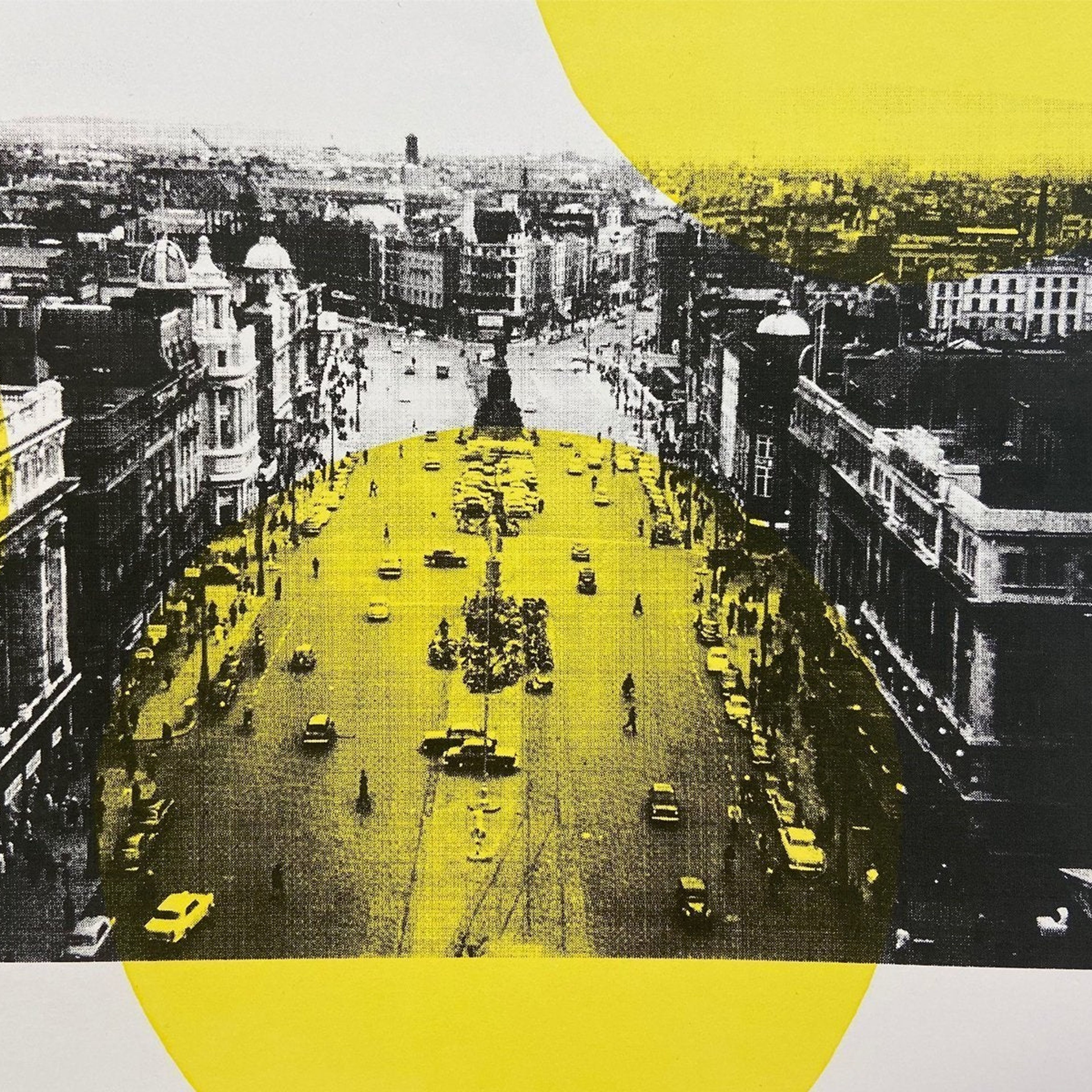 black and white urban street screenprint with yellow circles on surface