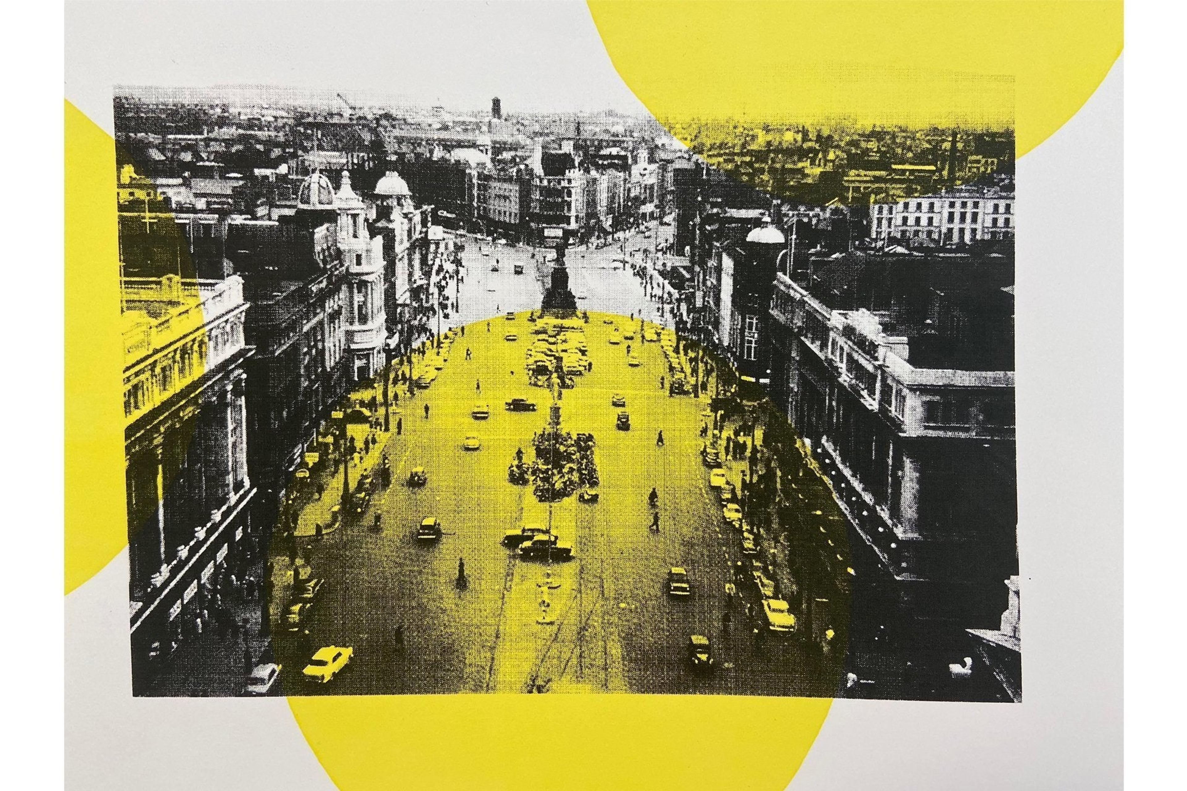 black and white urban street screenprint with yellow circles on surface