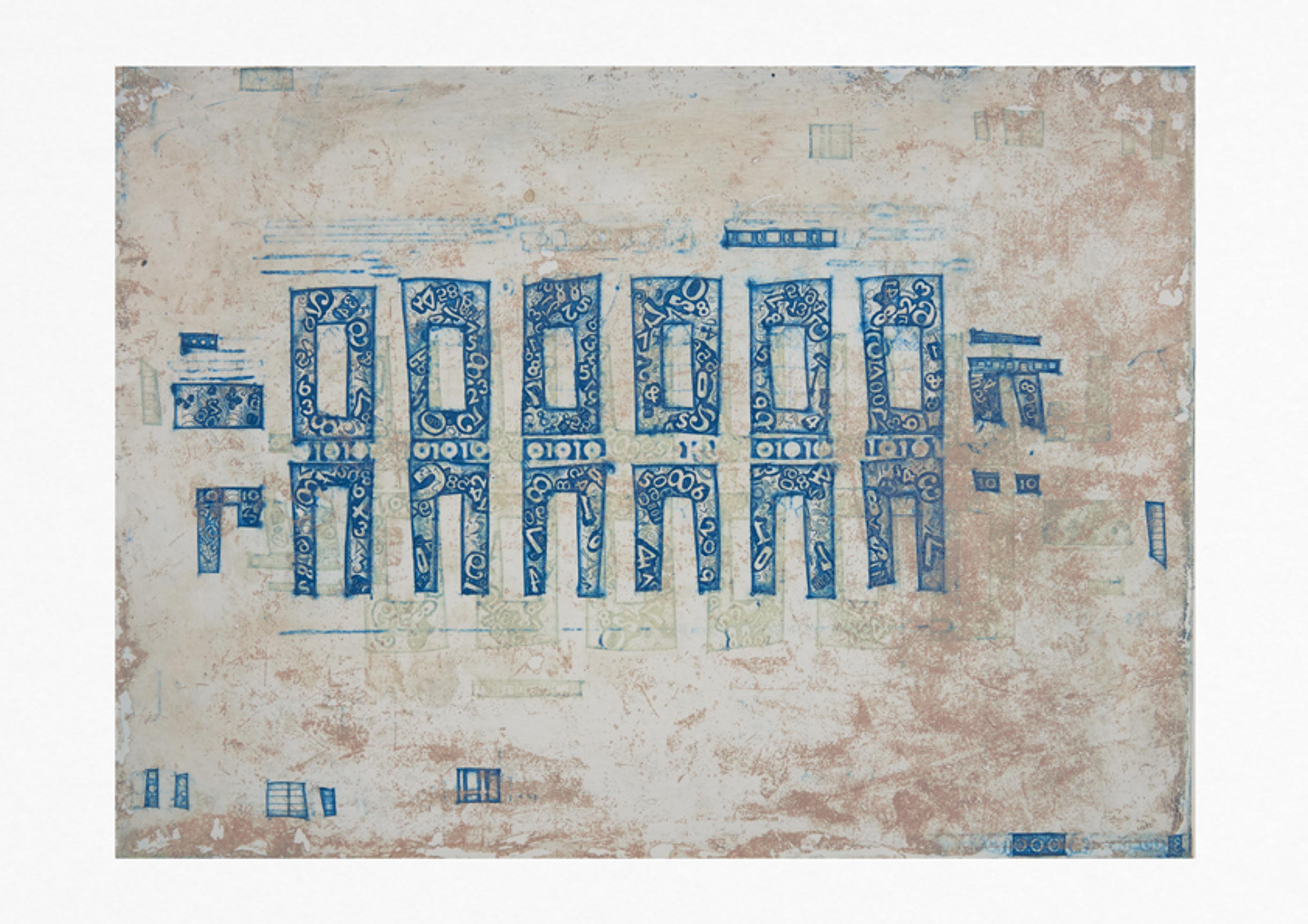 bold geometric etching print. blue archaeological markings against pale background