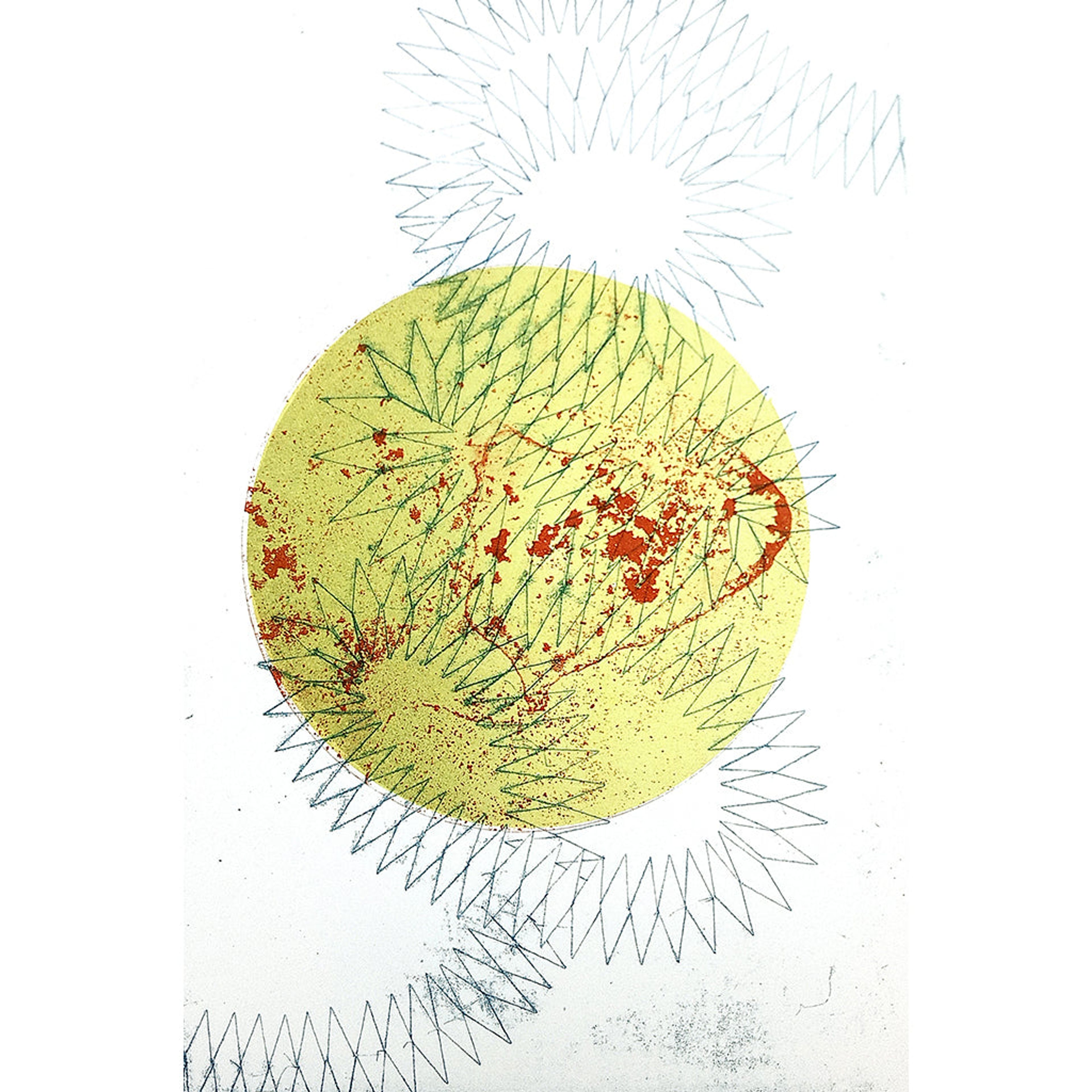 abstract lithography print; lemon yellow and red marked sphere with spiral intertwined background