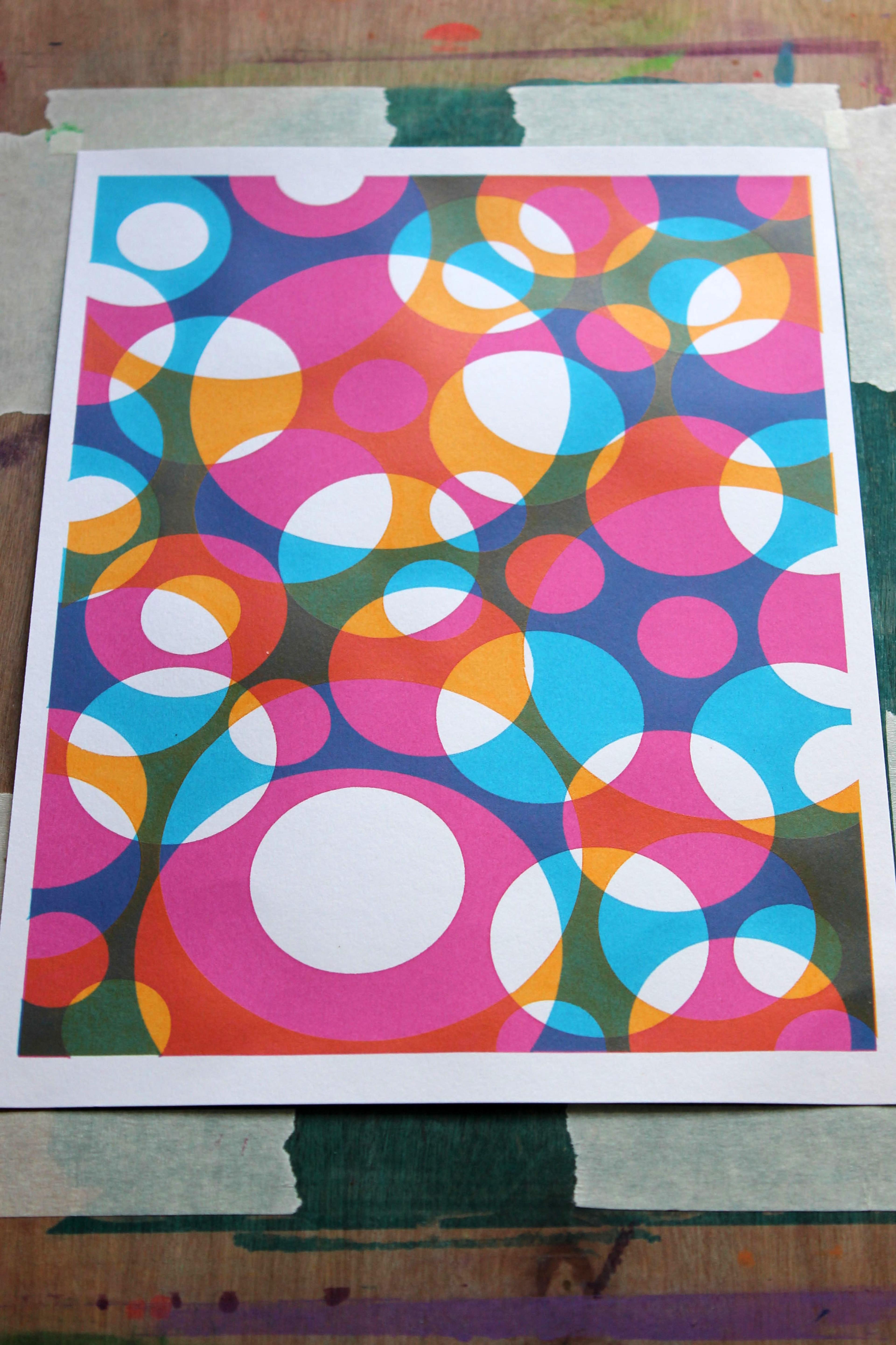 abstract screenprint; pink blue yellow circles