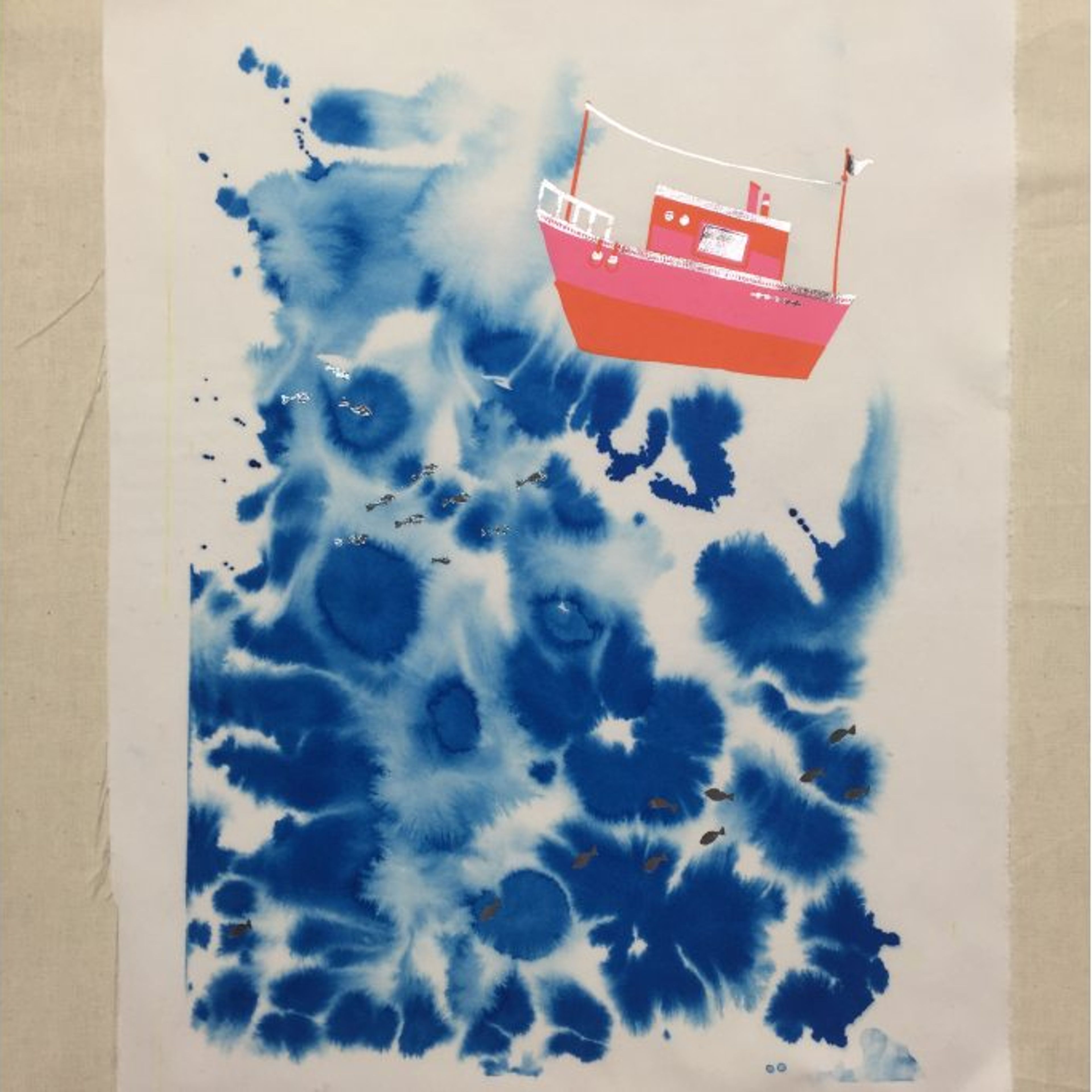 photo of dyed textile; blue stormy sea and orange boat