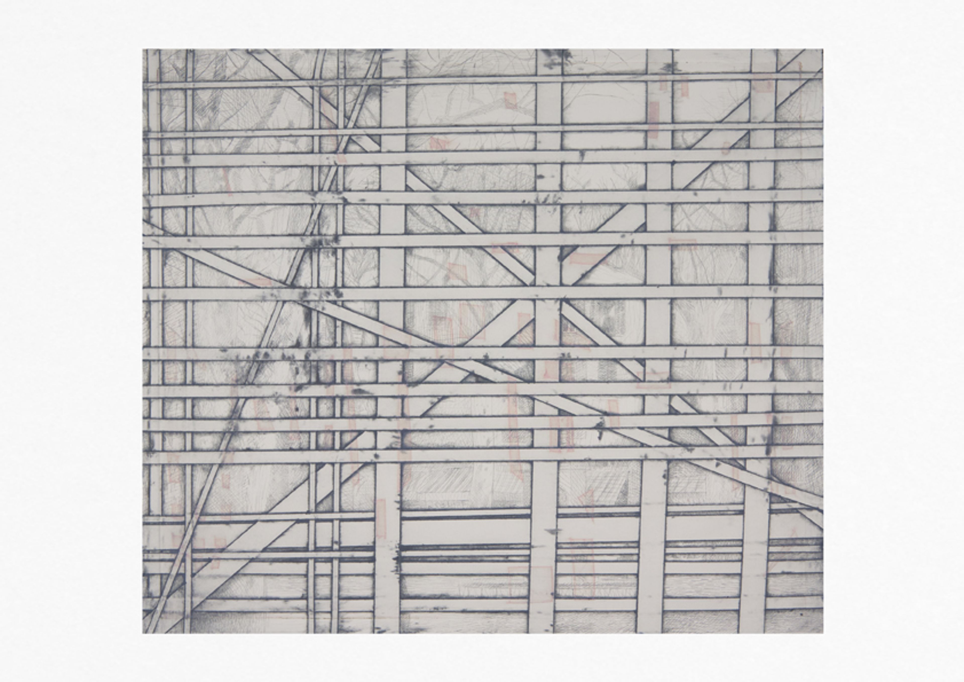 etching print; ,muted black and white irregular geometric grid