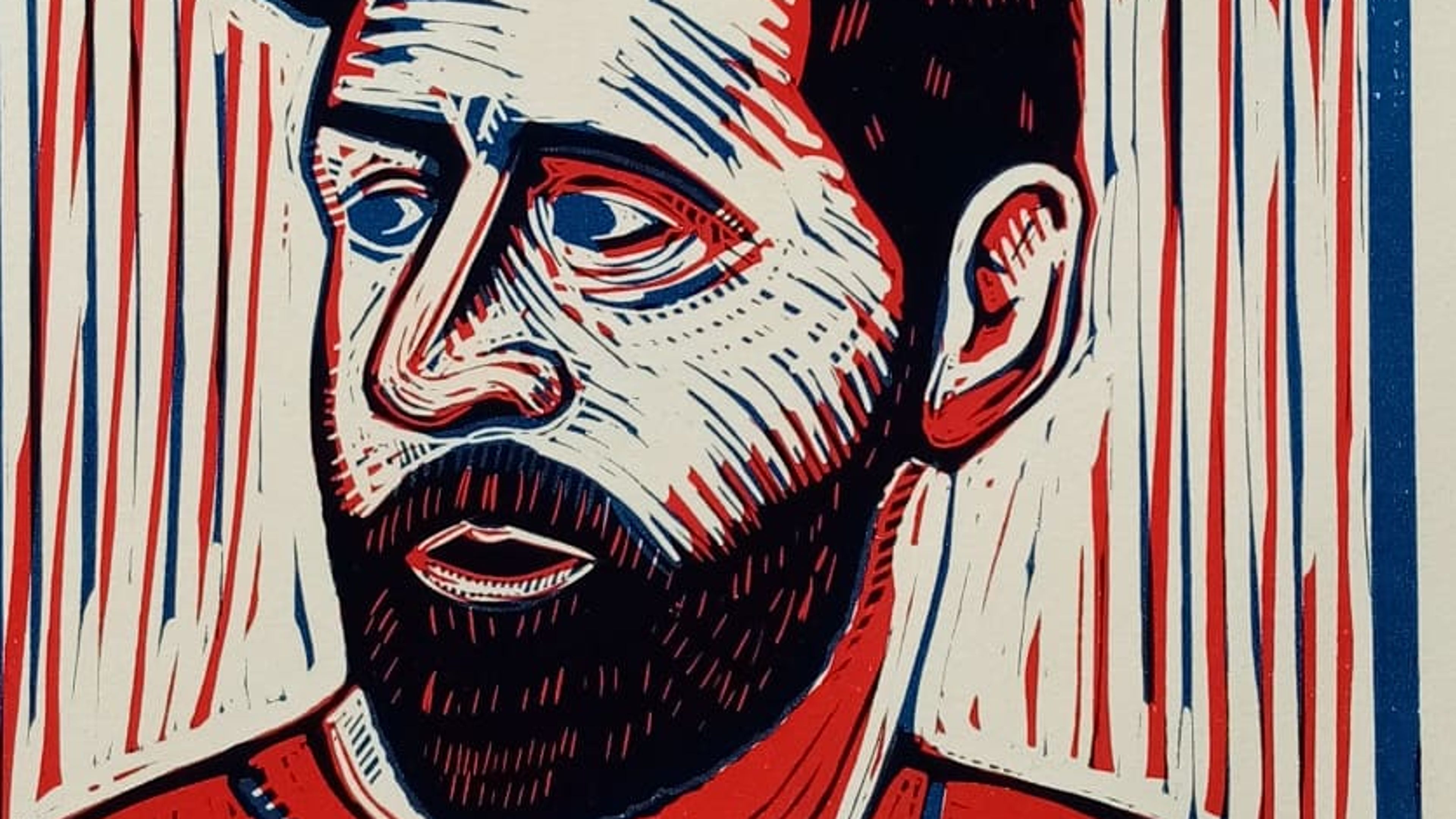 red blue graphic screenprint of male footballer portrait