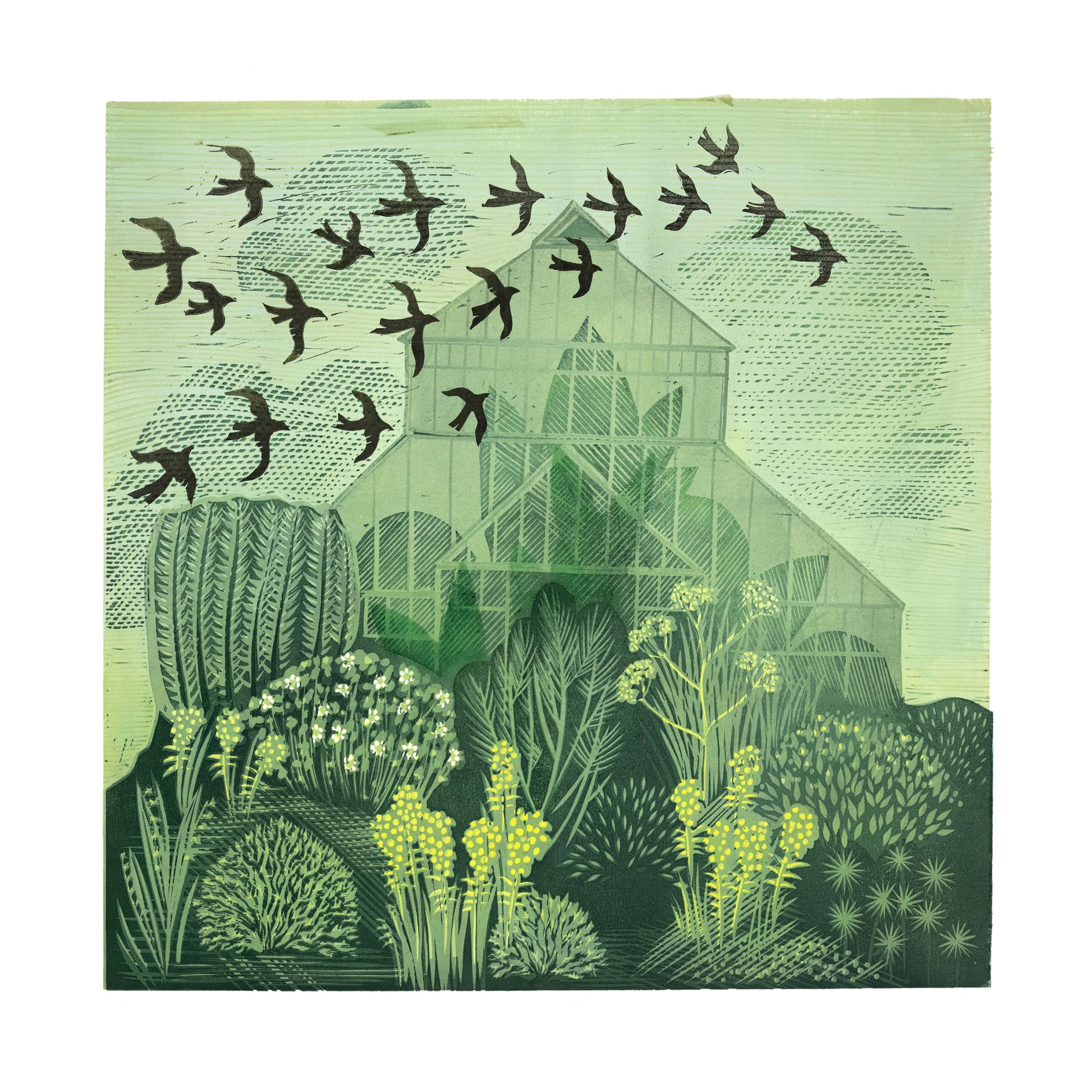 Linocut print greenhouse foilage and birds; shades of green