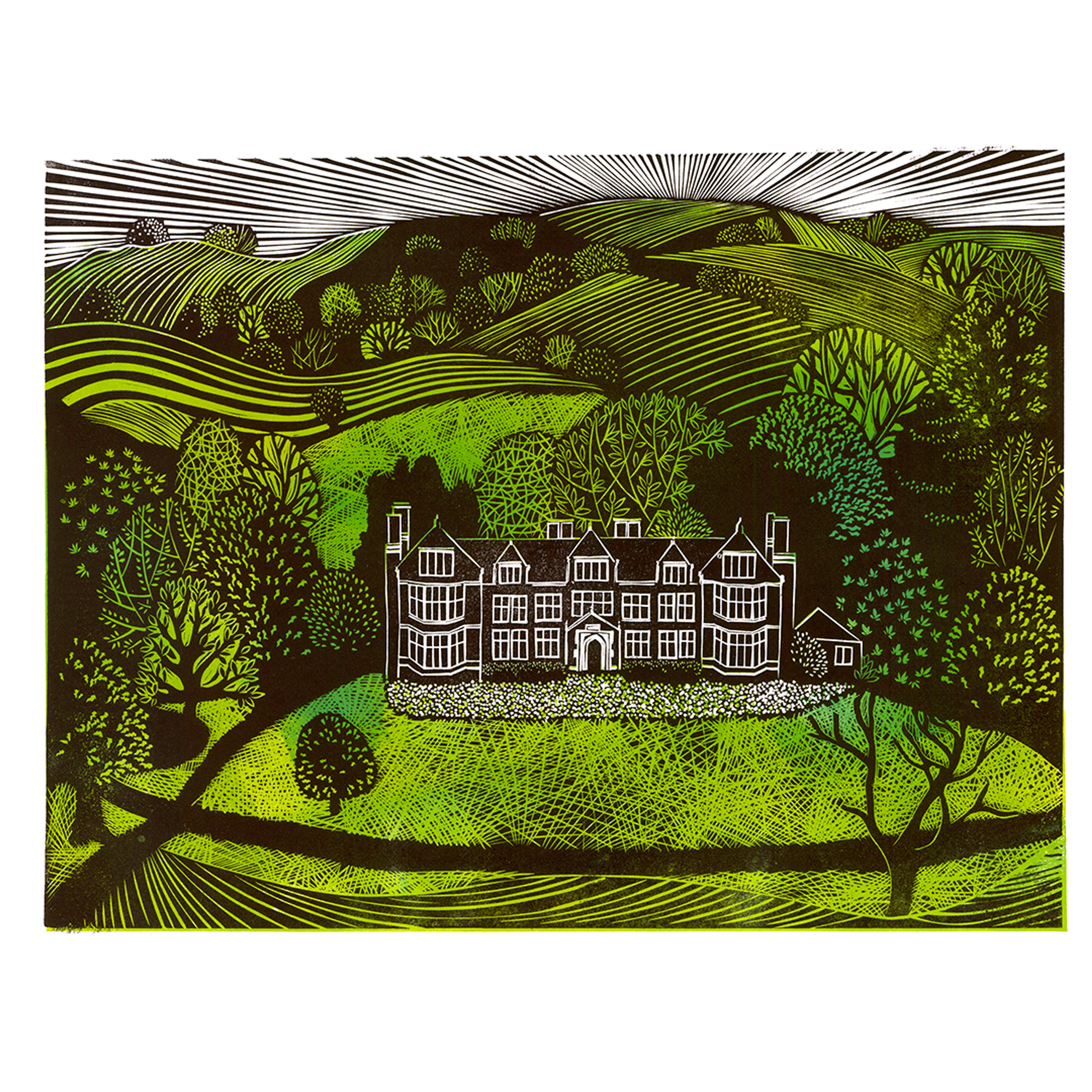 linocut print; vibrant green abbey in forest