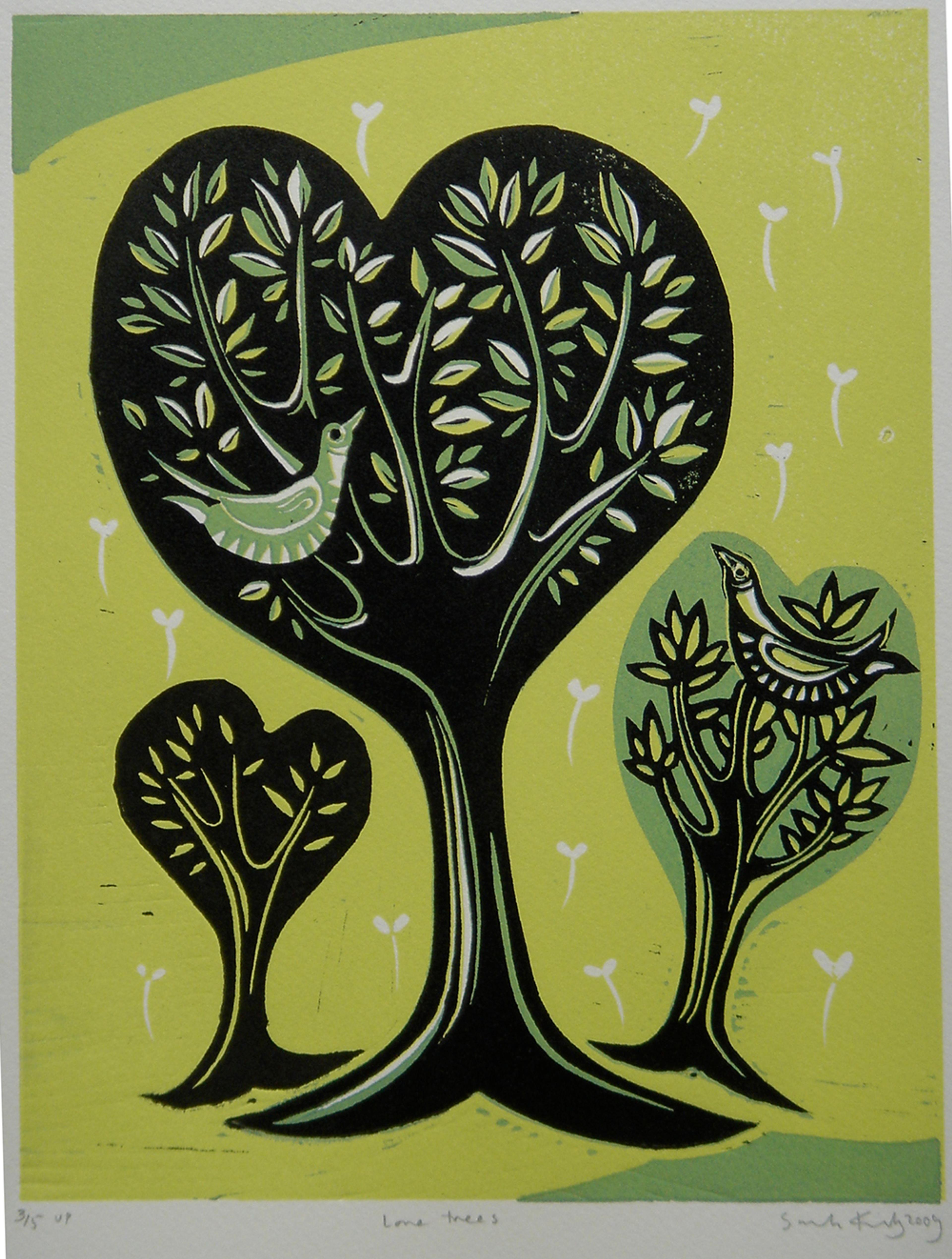 illustrative linocut print of trees shaped in hearts; variations of green