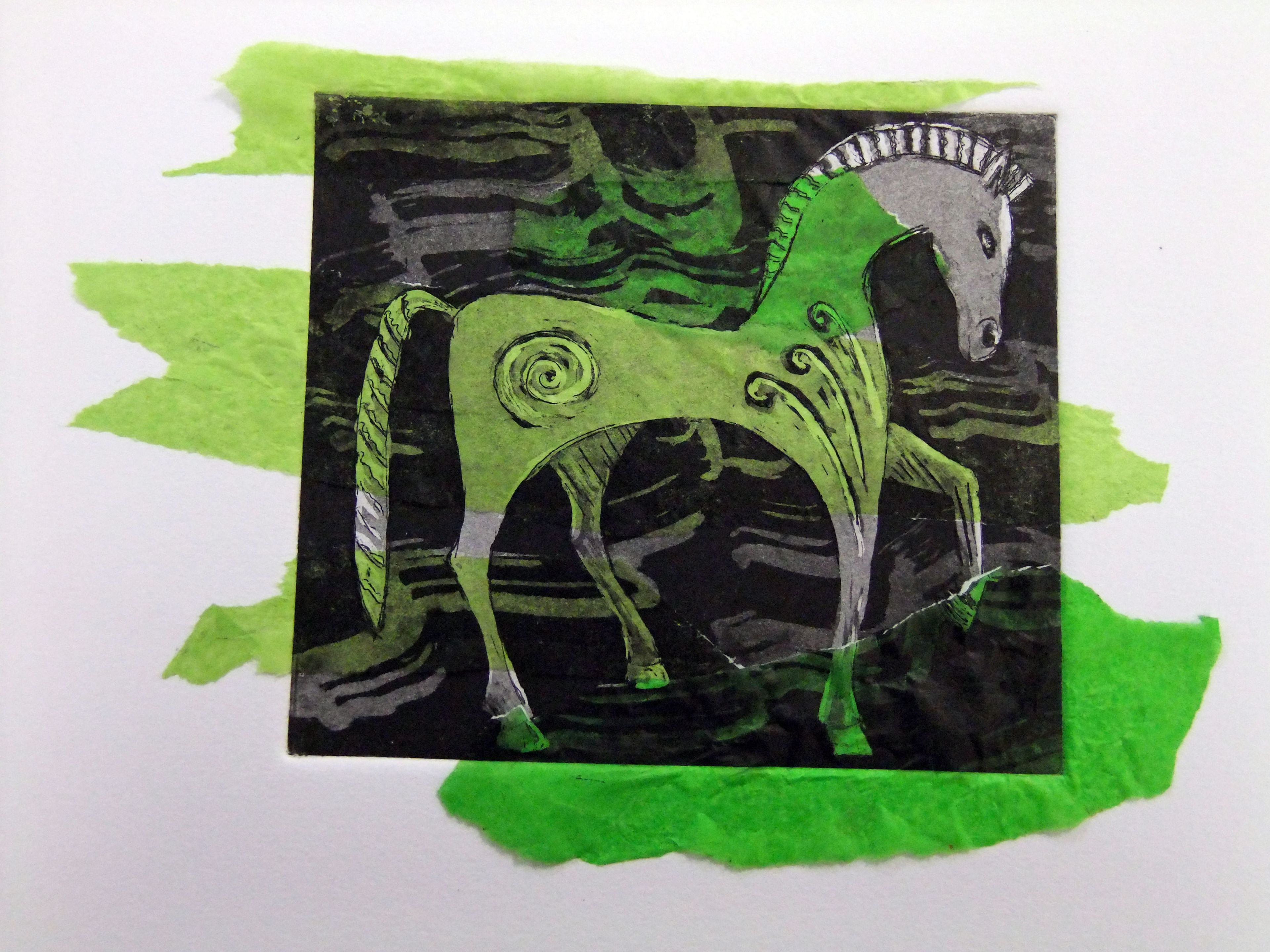 etching print of black and white horse with green ink surface