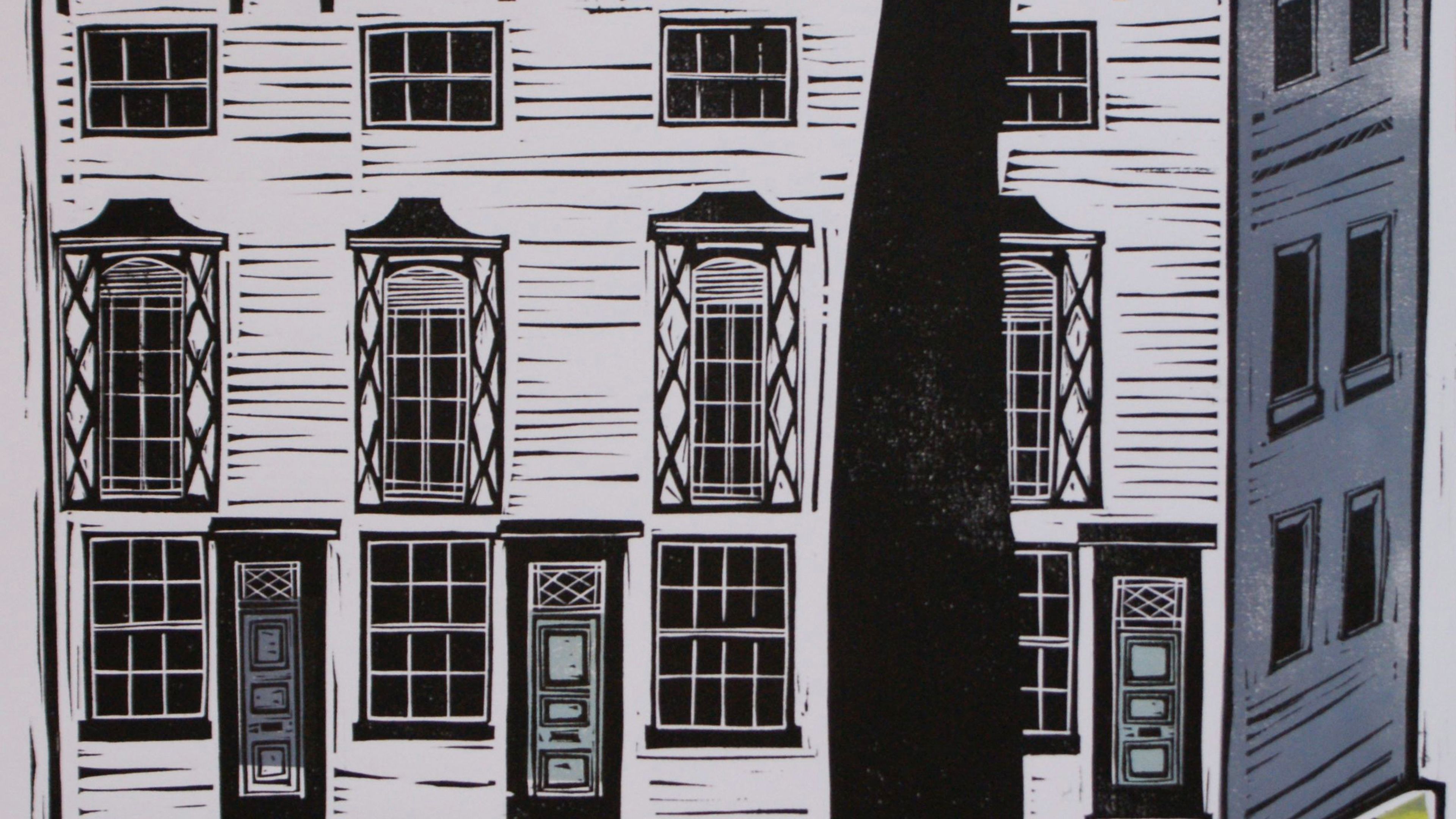 illustrative linocut print of building on New Walk Leicester with tree in forefront