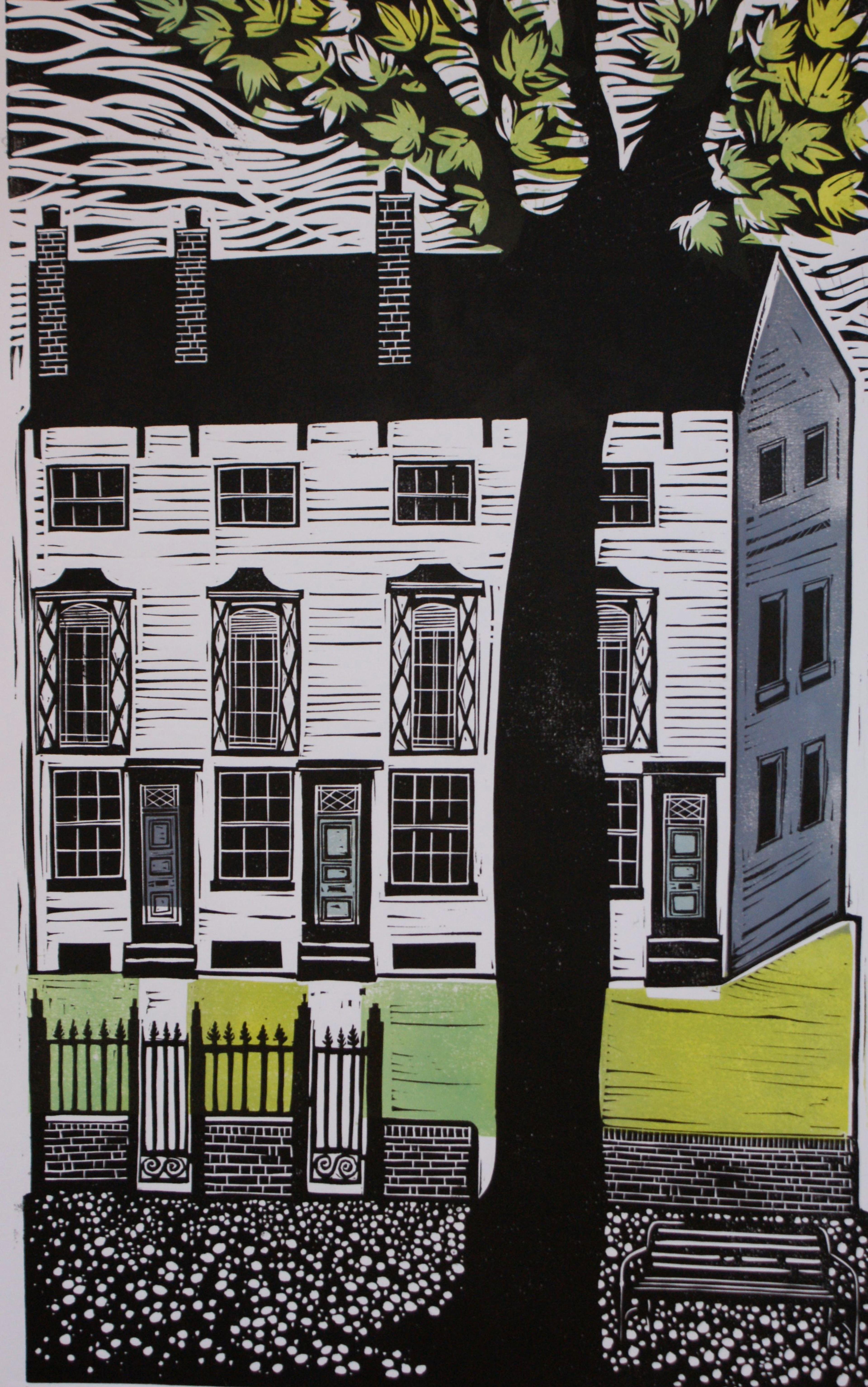 illustrative linocut print of building on New Walk Leicester with tree in forefront