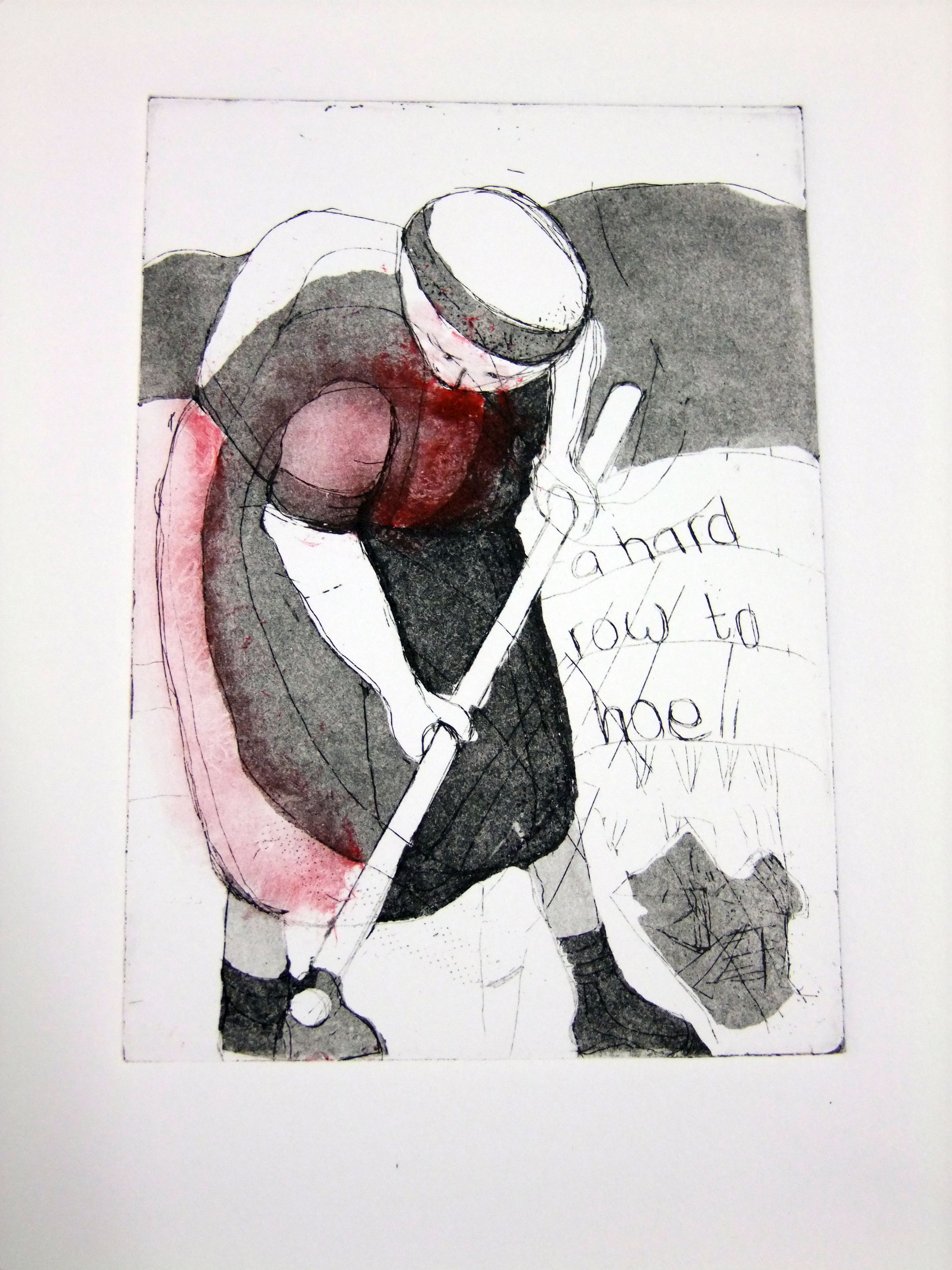 etching print; woman bent over digging ground