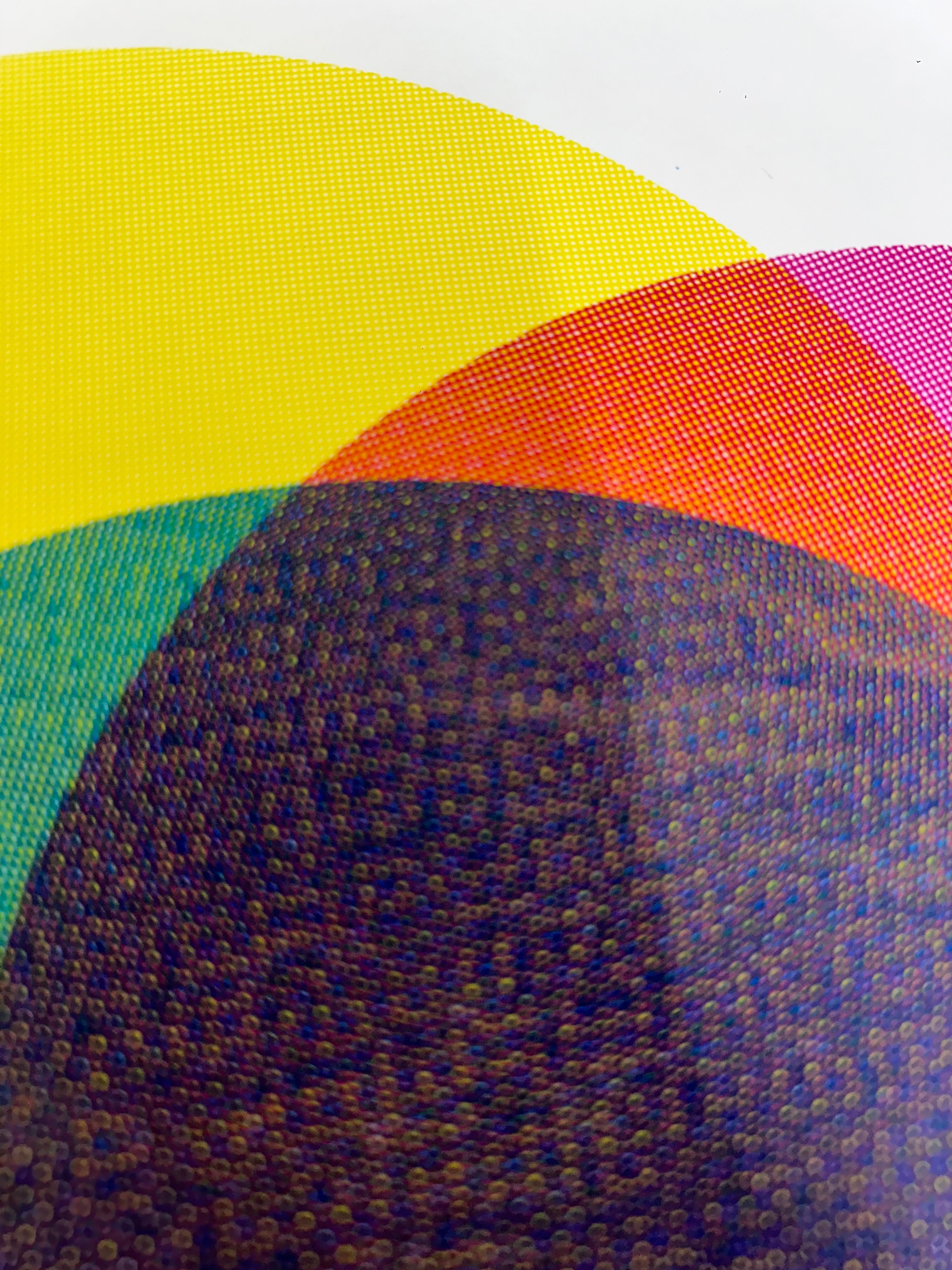 Close up of CMYK spot screenprint