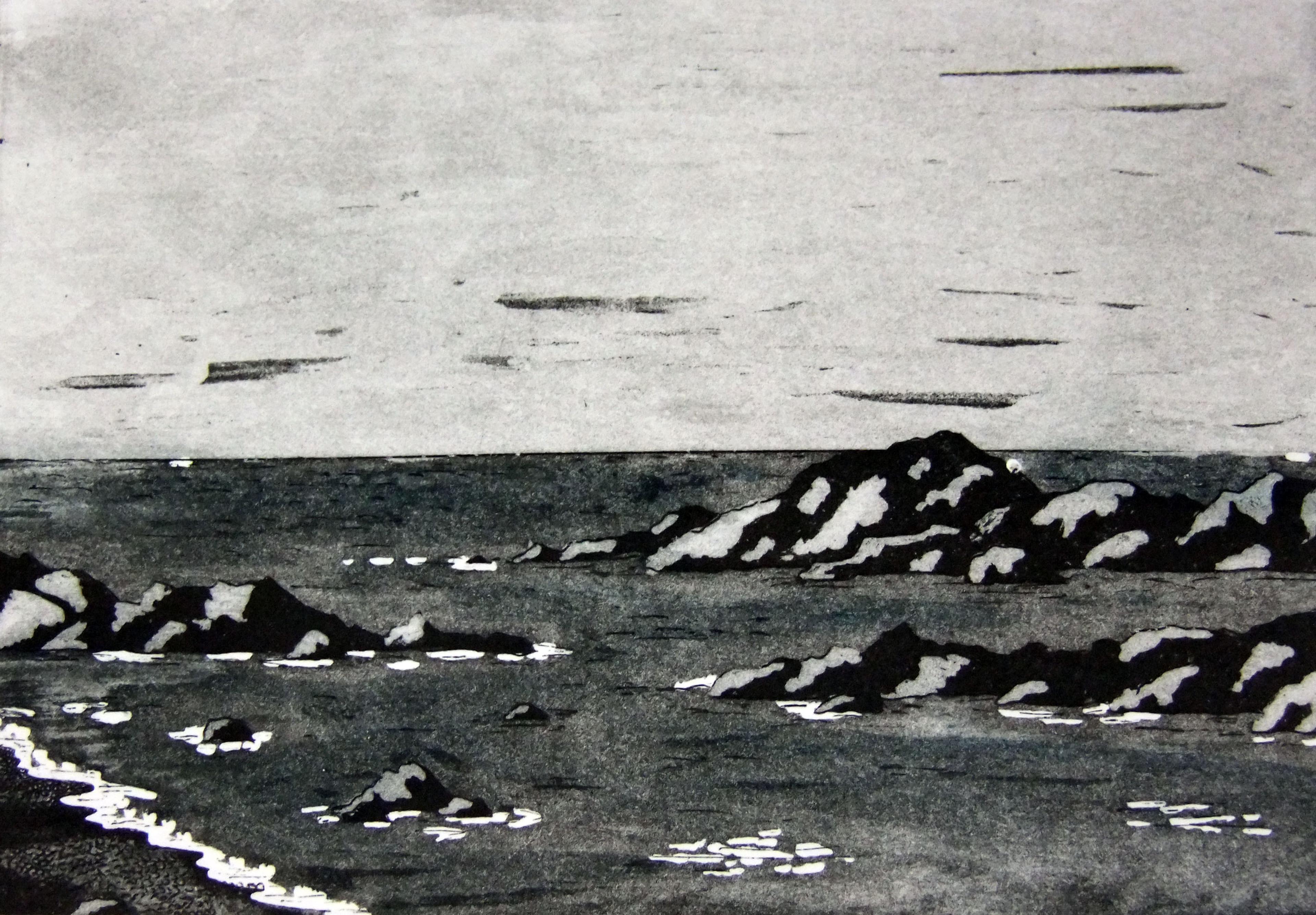 etching of black and wite sea and rock landscape
