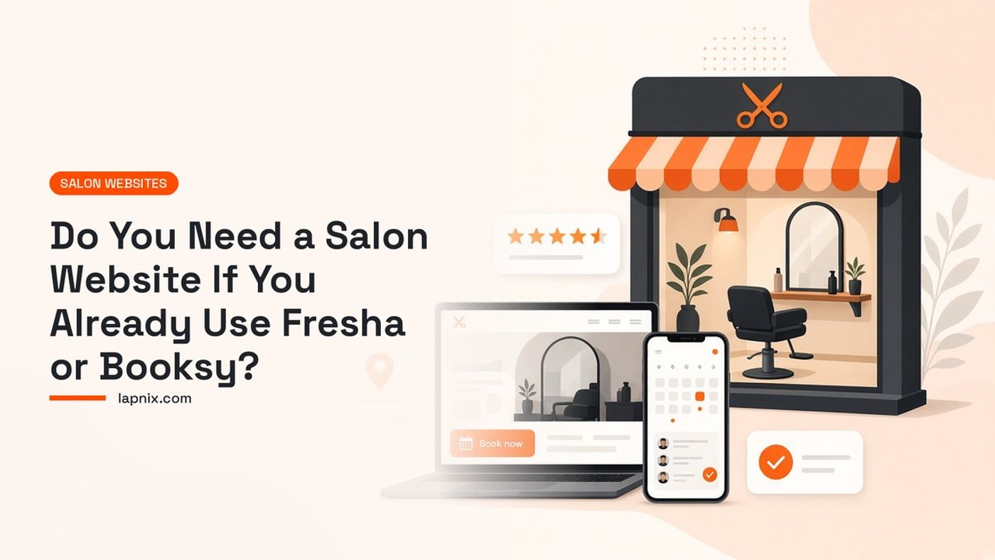 Salon storefront with a laptop showing a salon website Book now button and a phone booking calendar, for salons using Fresha or Booksy