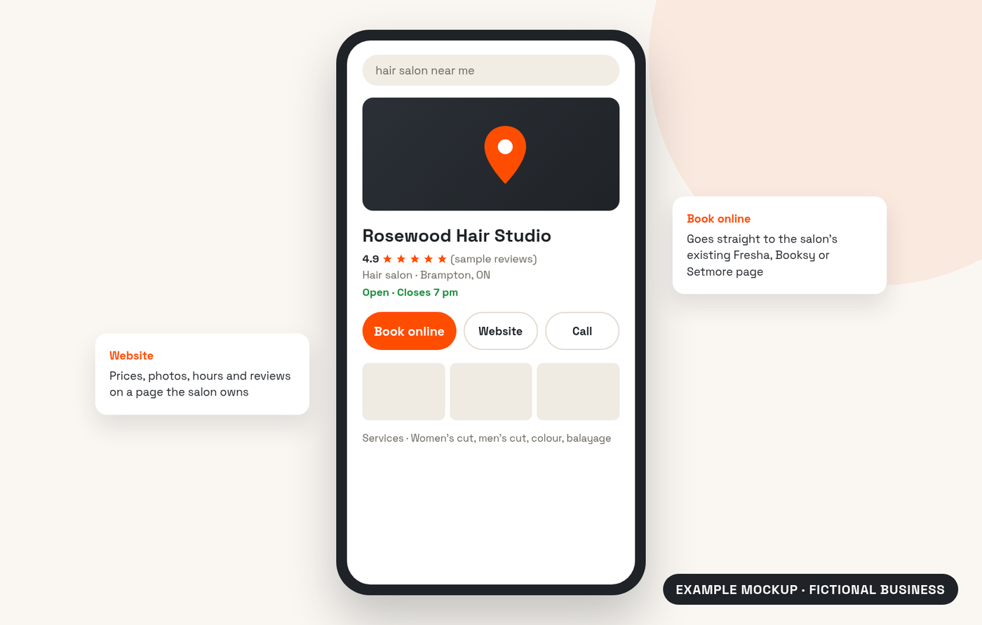Example Google Business Profile for a fictional salon with Book online, Website and Call buttons linking the salon website and booking app