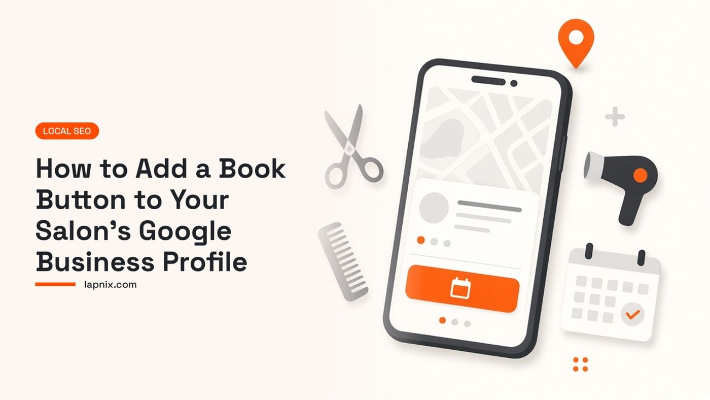 Flat illustration of a phone showing a map business profile with an orange Book button, surrounded by scissors, a comb, a hair dryer and a calendar