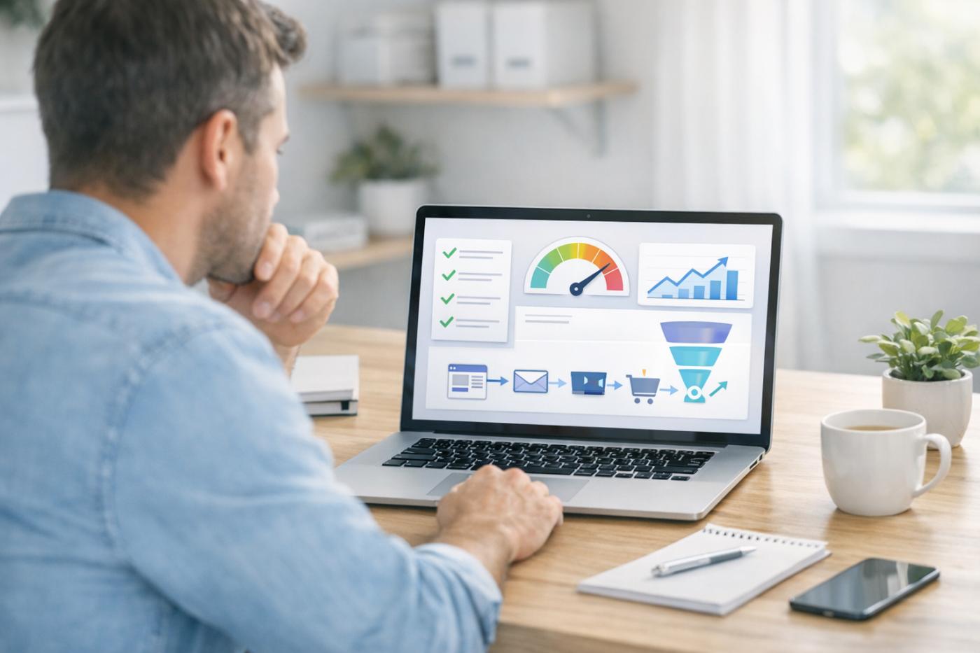 Small business owner at a laptop reviewing a website report with a page speed gauge, checklist and conversion funnel