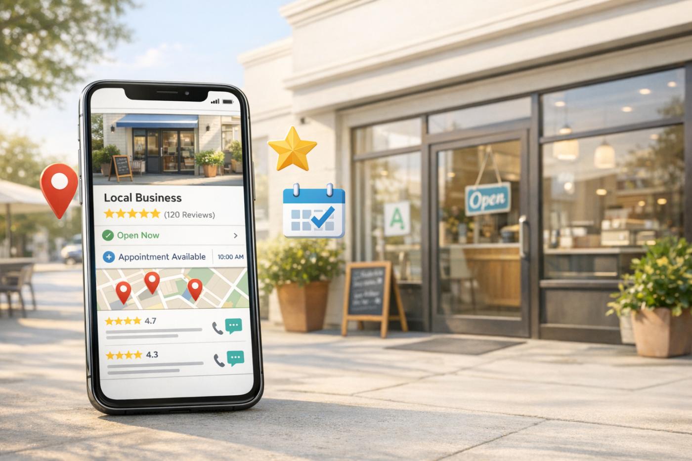 Smartphone showing a local business Google listing with star reviews, open hours and a map, in front of a small shop with an Open sign