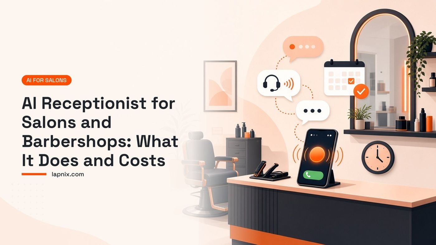AI receptionist for salons answering a call on a phone at a barbershop front desk and confirming a booking