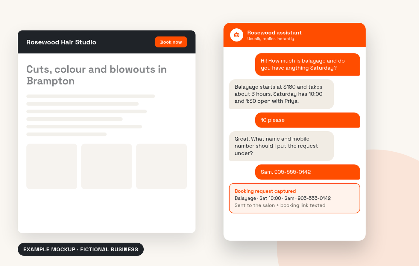 Example AI chat assistant on a fictional salon website capturing a balayage booking request with name and number