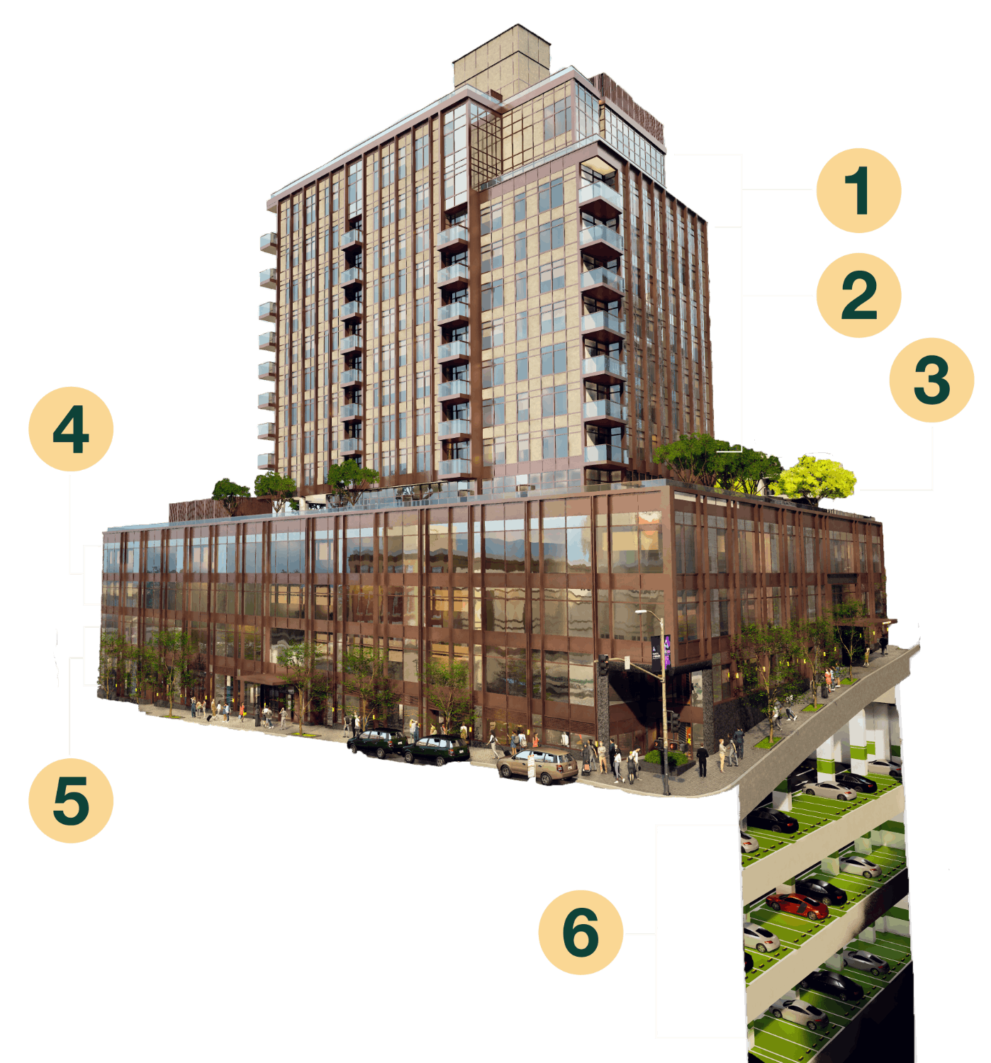 Exploded-view rendering of One College Point Square, numbered 1 to 6 from the penthouse collection down to the cellar parking
