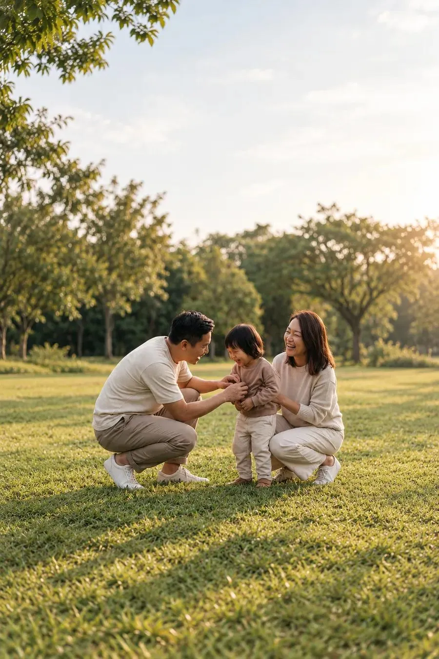 Parents laughing with their toddler on a sunny lawn
