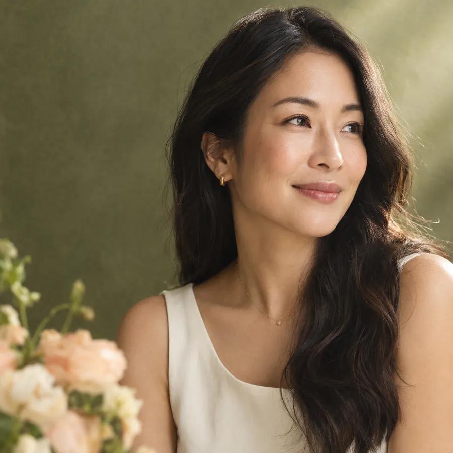 Smiling woman in a cream top beside a bunch of flowers