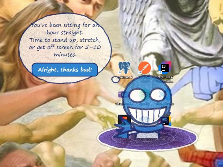 Taskbar Buddy, a blue crayon-drawn character with a wide toothy grin, standing on a hand-drawn green hill that stretches along the Windows taskbar.