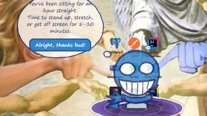 Taskbar Buddy, a blue crayon-drawn character with a wide toothy grin, standing on a hand-drawn green hill that stretches along the Windows taskbar.