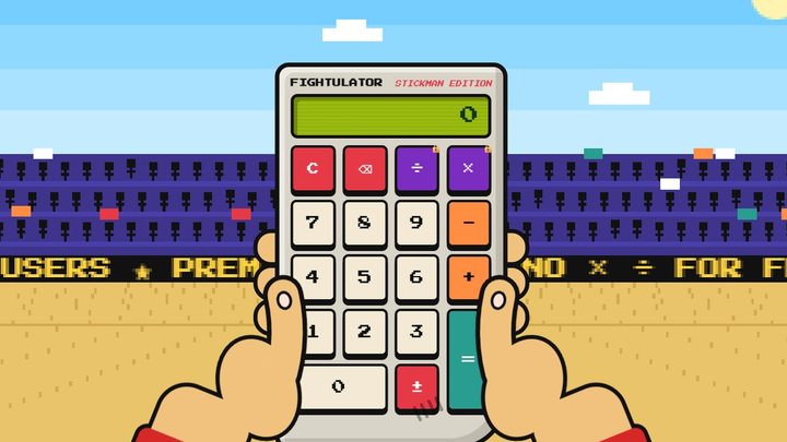 The Fightulator calculator, a chunky pixel-art device labelled "FIGHTULATOR · STICKMAN EDITION" showing 0, held in two cartoon hands with the thumbs over the keys, in front of a stadium crowd of stickmen. The × and ÷ keys have small padlocks.