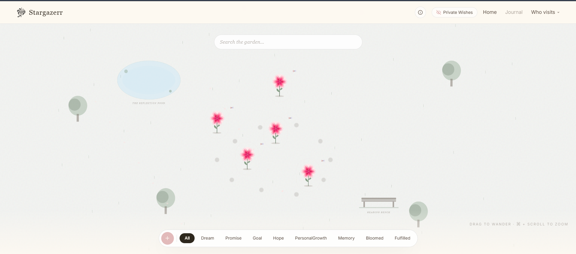 The Stargazerr garden: pink lilies scattered across a pale landscape with a reflection pond, trees and a reading bench