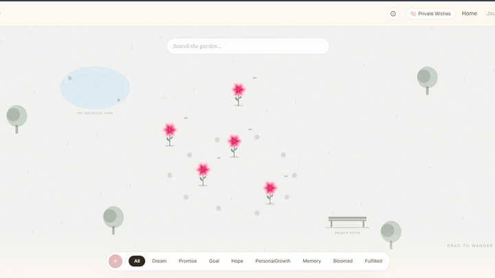 The Stargazerr garden: pink lilies scattered across a pale landscape with a reflection pond, trees and a reading bench