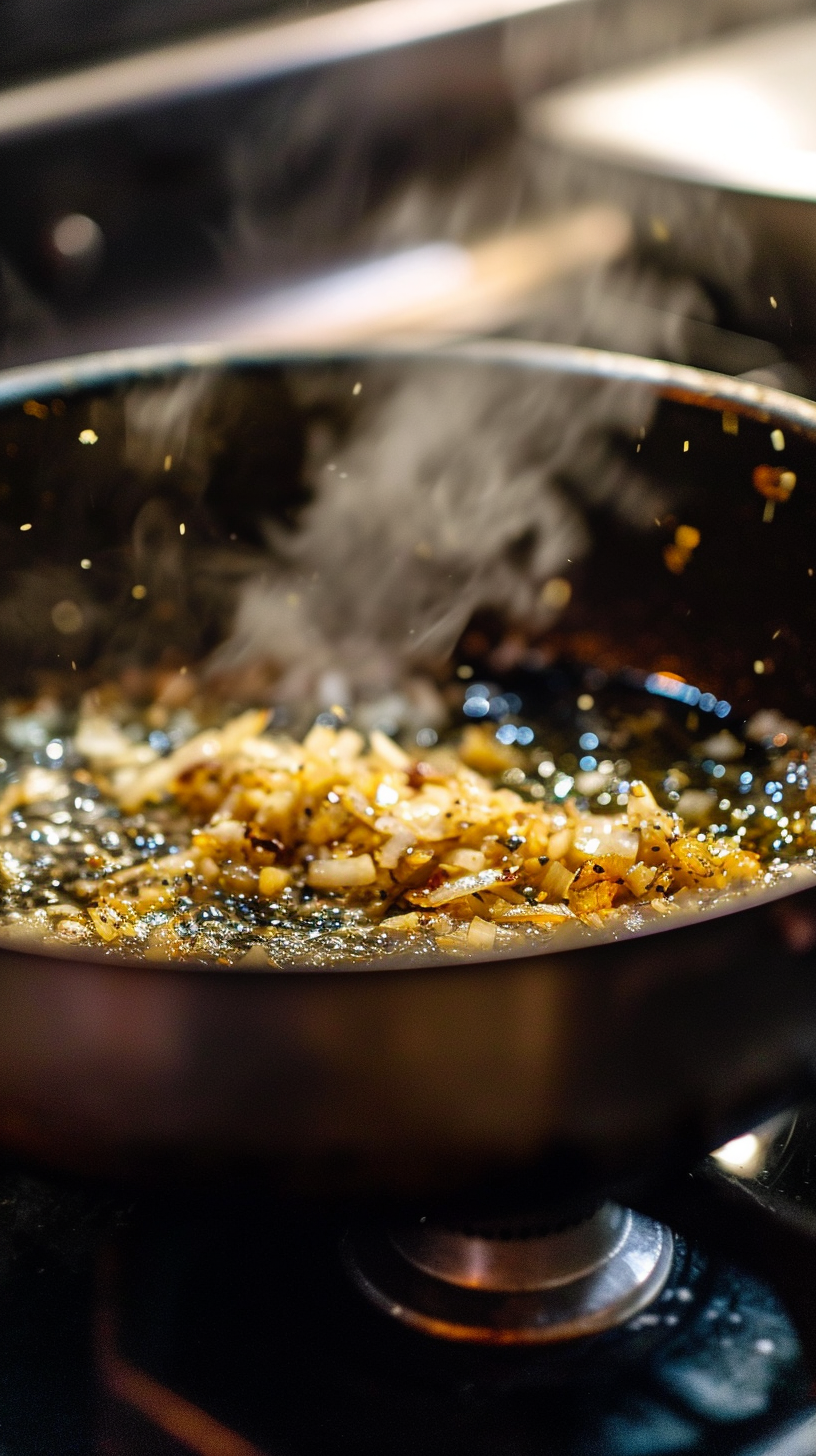 Fry onion, garlic, and bacon in olive oil.