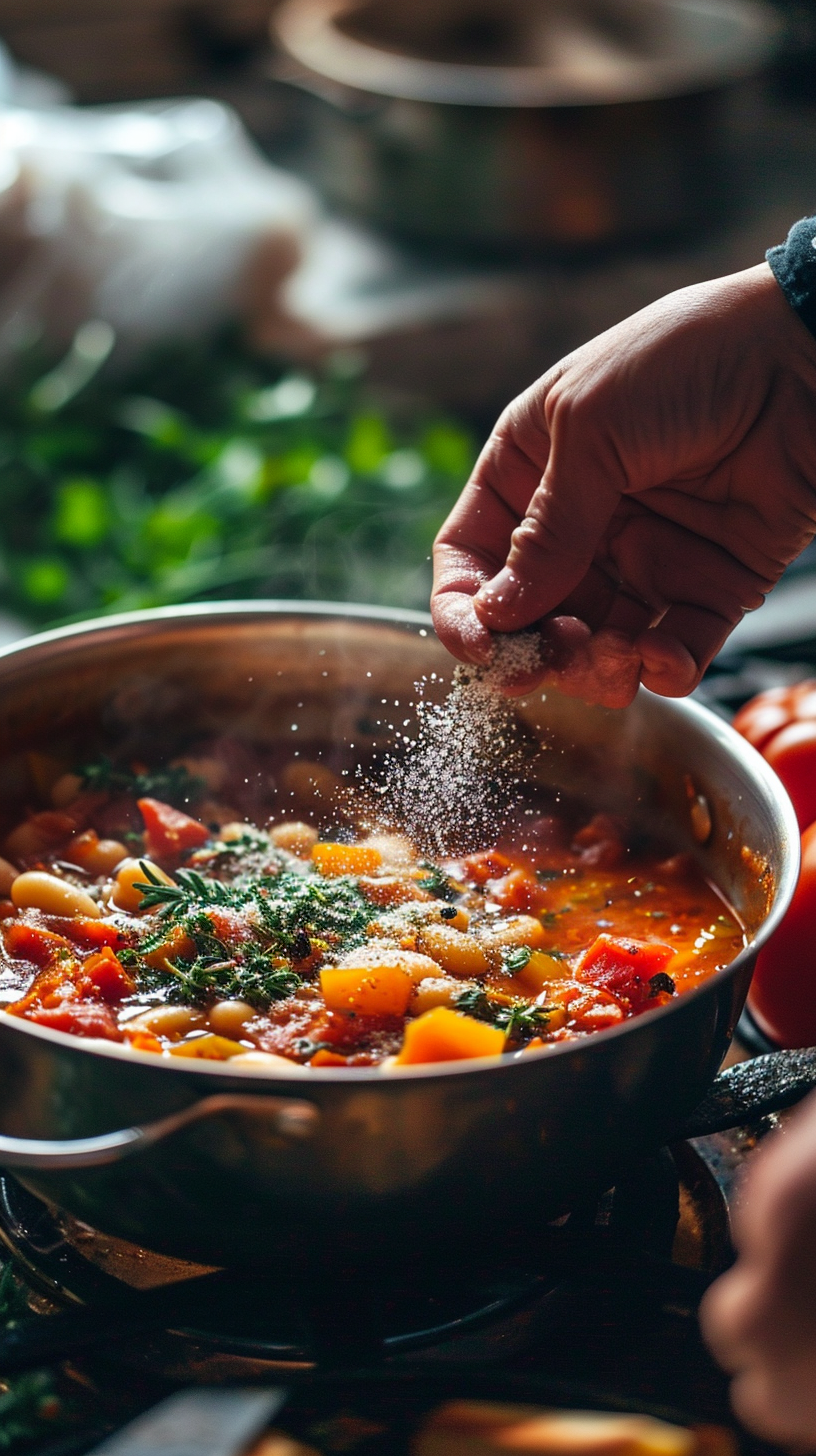 Season the soup with salt, pepper, and herbs.