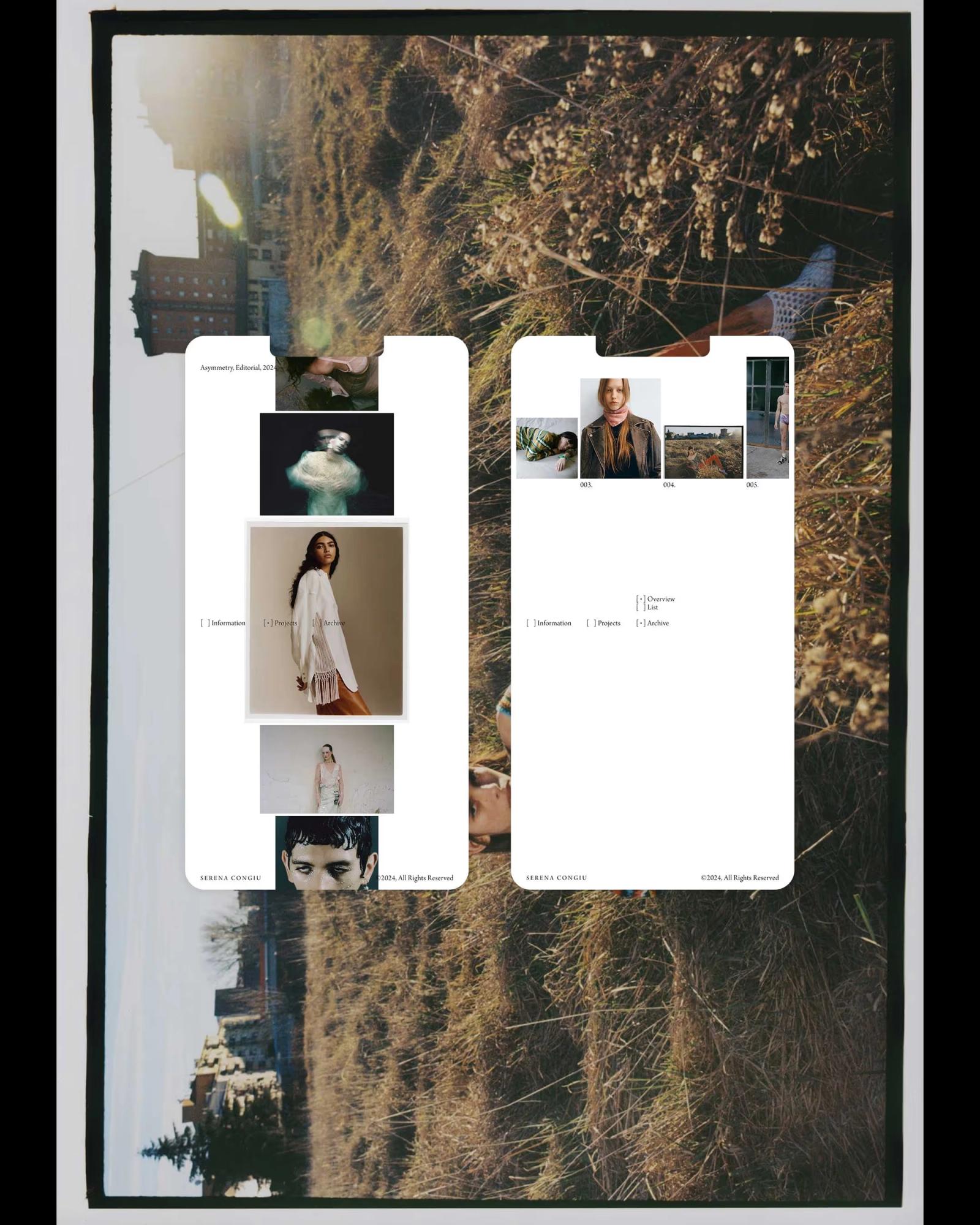 Two white phone screen mockups with fashion photography and minimal text, placed over a background of a sunlit grassy field with buildings in the distance.