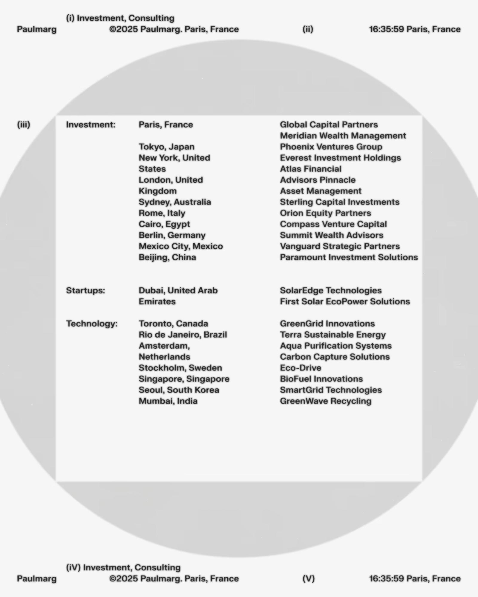 List of global investment, startup, and technology locations paired with company names from Paulmarg, Paris, including cities like Tokyo, New York, and Toronto.