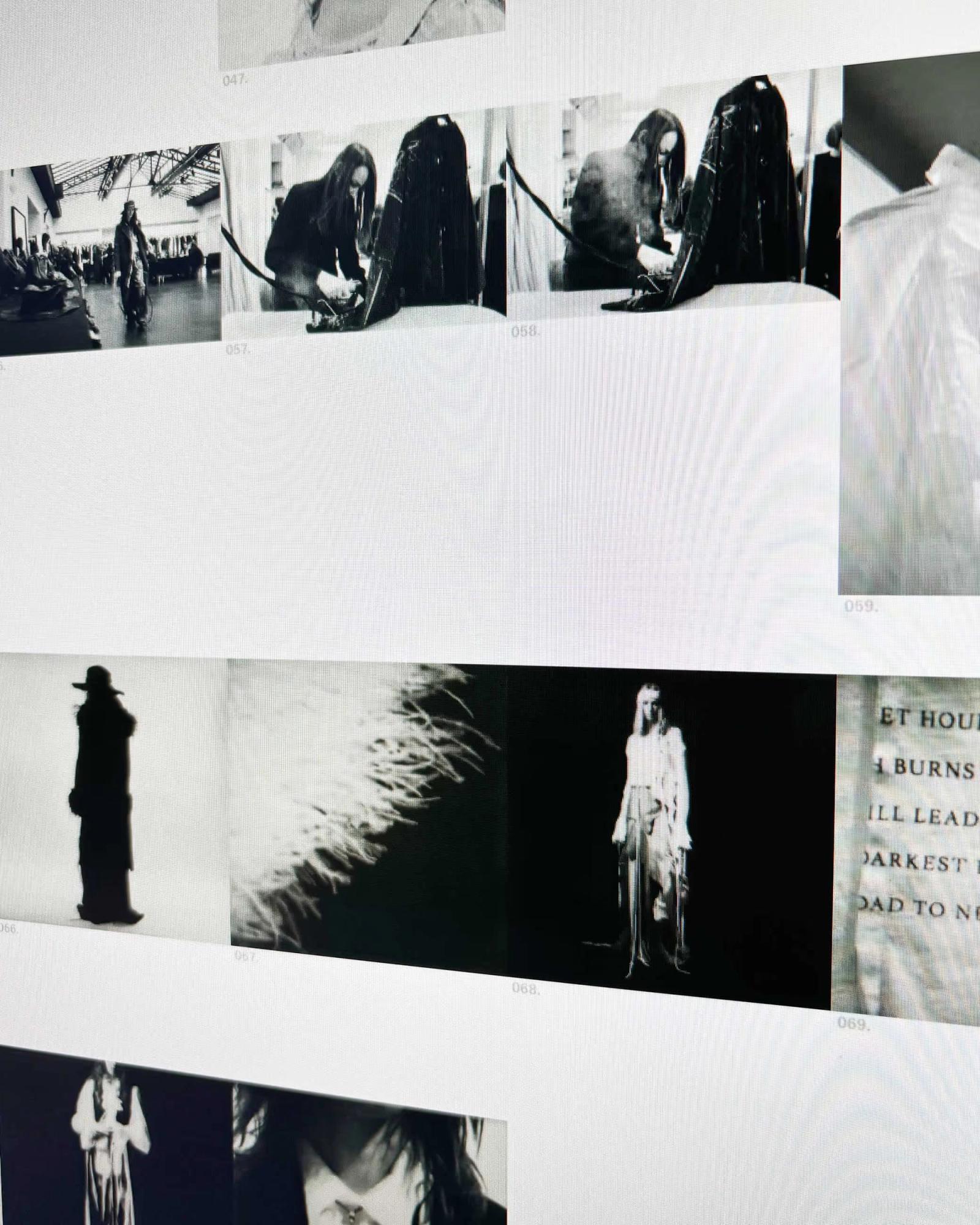 Black and white digital gallery showing fashion runway, a person steaming a garment, silhouette of a person with a hat, and abstract feather-like design.