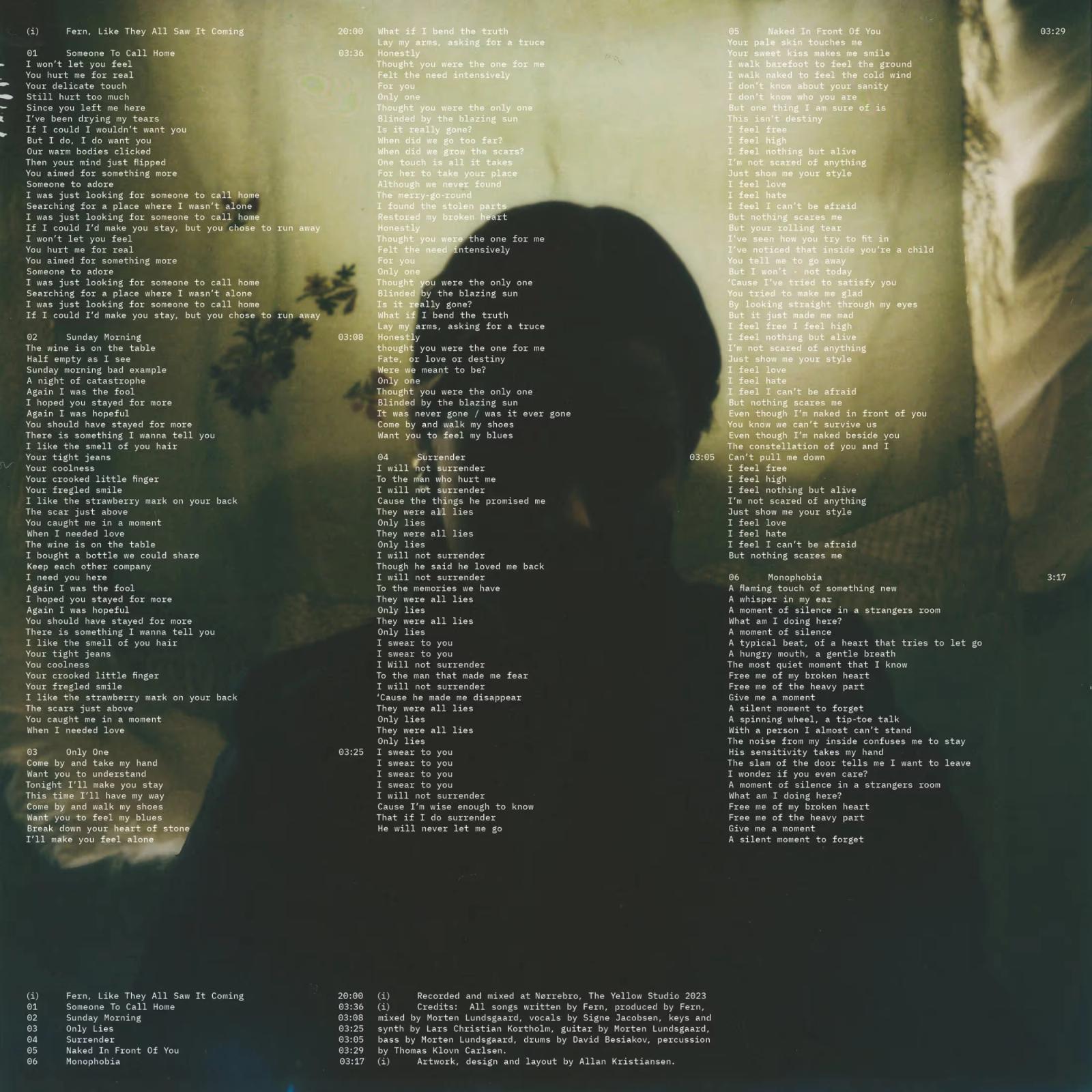 Album front cover with song lyrics printed over a shadowy artistic image of a person and abstract shapes.