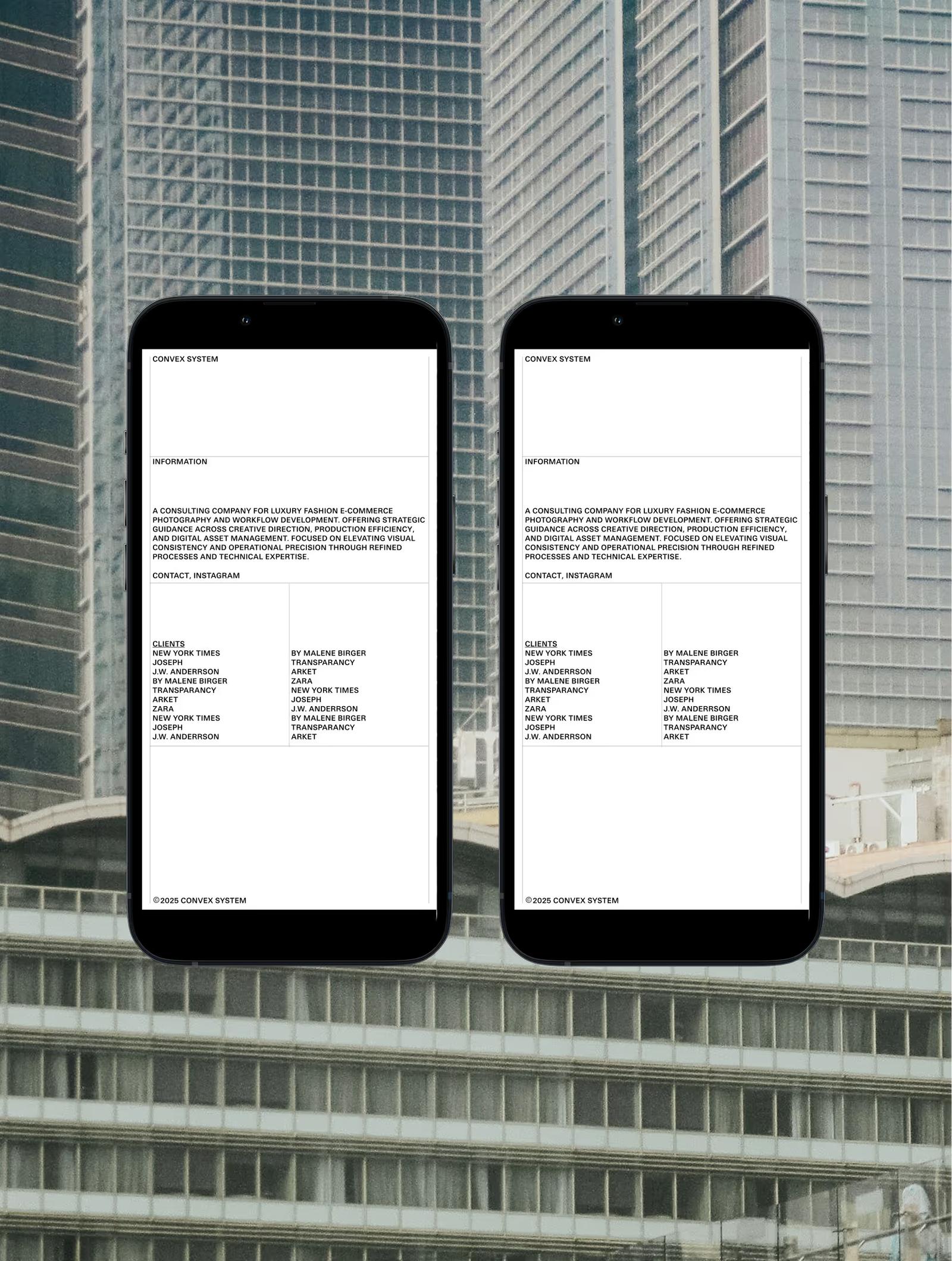 Two smartphones side by side displaying identical informational text about Convex System, a consulting company for luxury fashion e-commerce and photography, listing clients and contact details against a backdrop of tall office buildings.