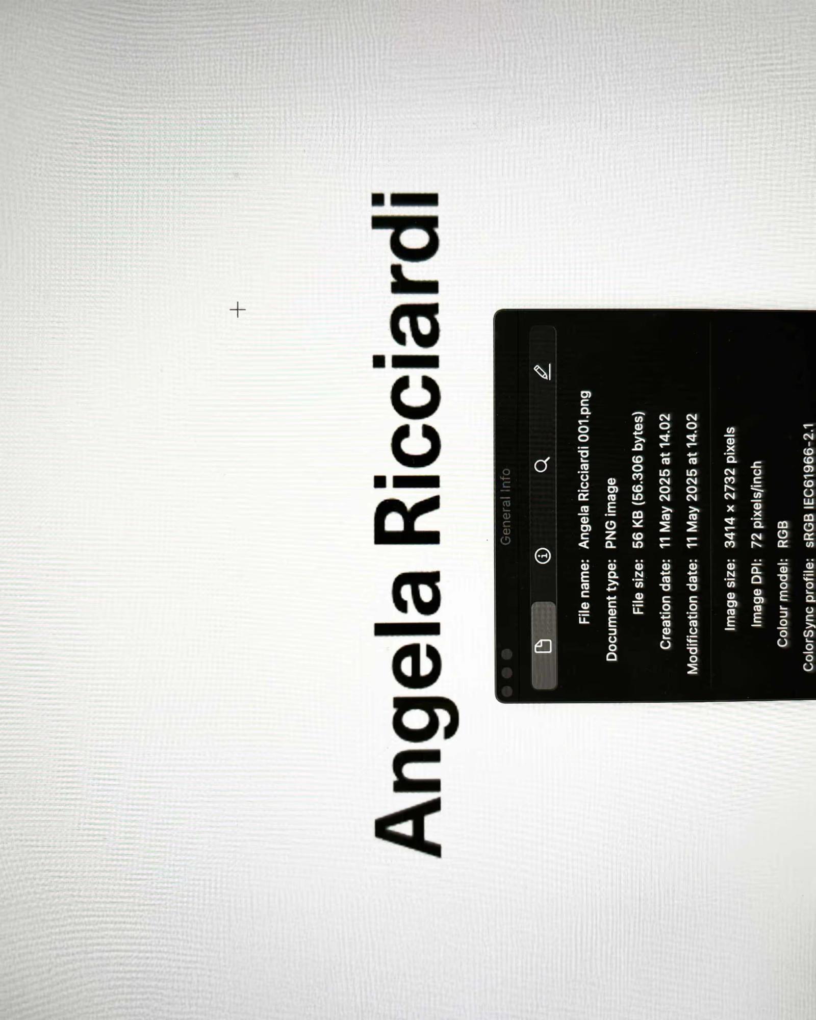 Computer screen showing file info for a PNG image named Angela Ricciardi 001.png with details on file size, creation and modification dates, image dimensions, DPI, color model, and profile.