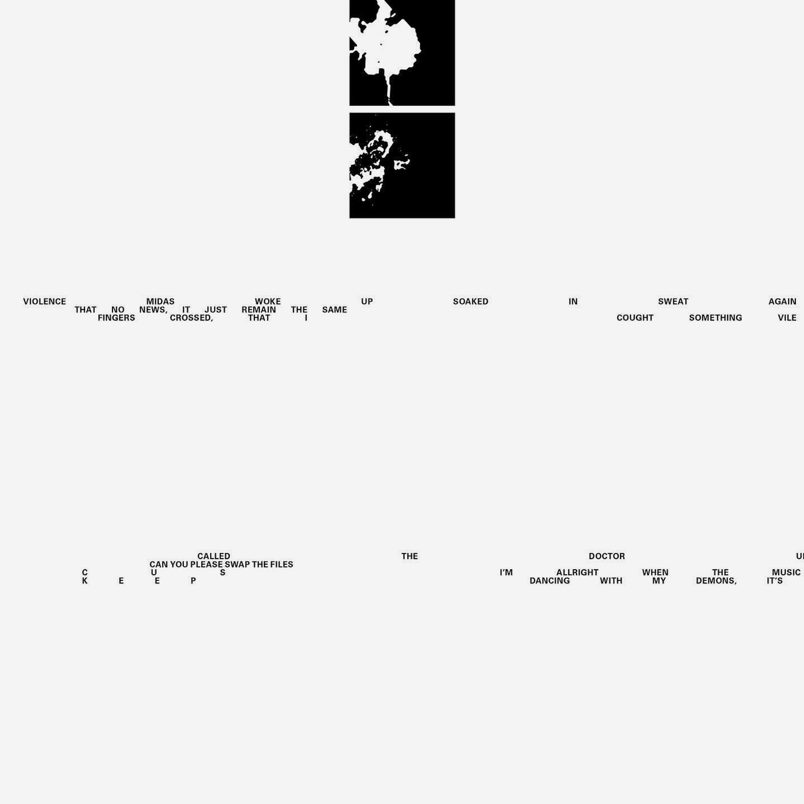 Abstract black and white inkblot artwork with scattered text phrases about violence and demons.