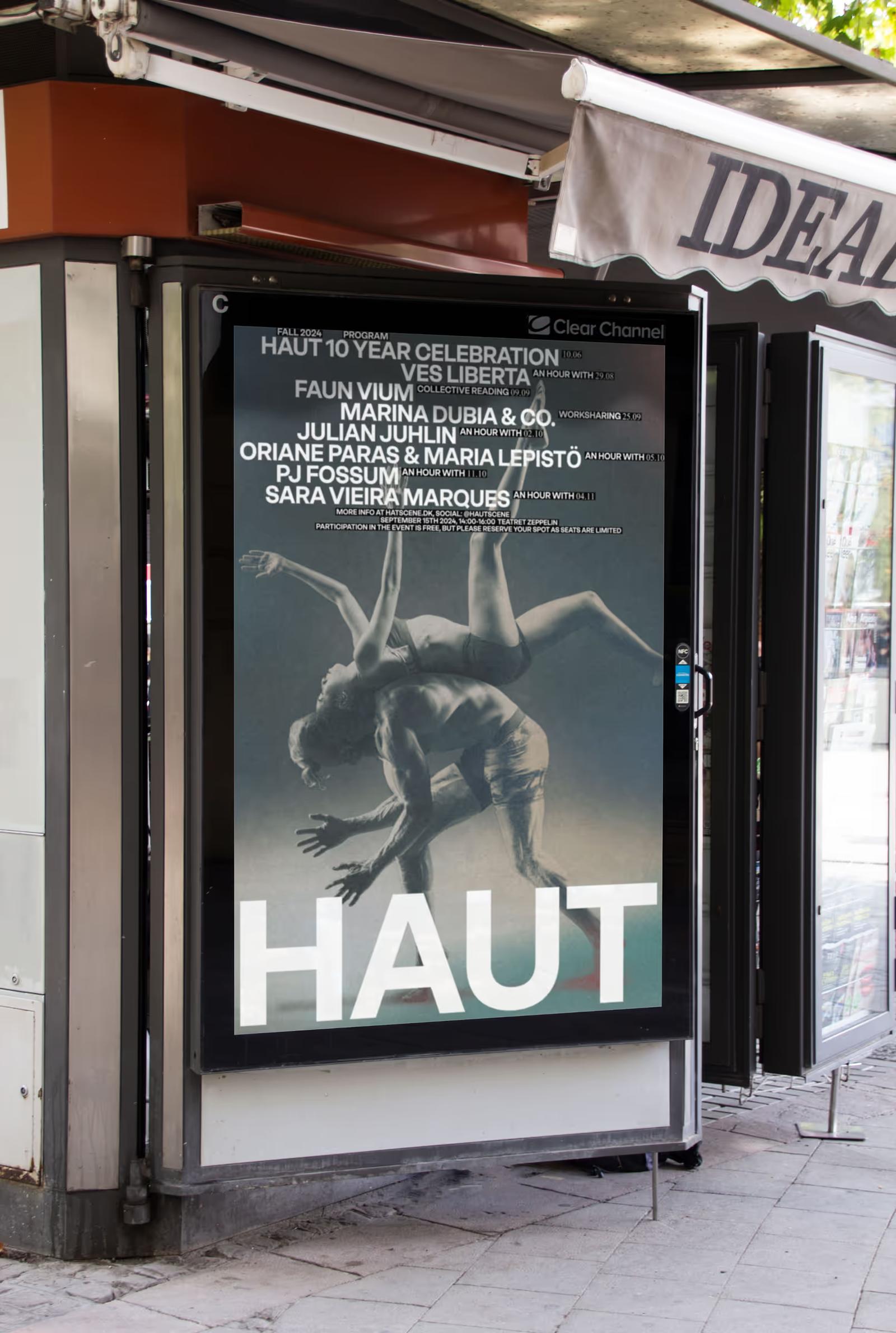 Poster featuring two dancers performing an acrobatic pose with text promoting HAUT’s 10 year celebration and event details.
