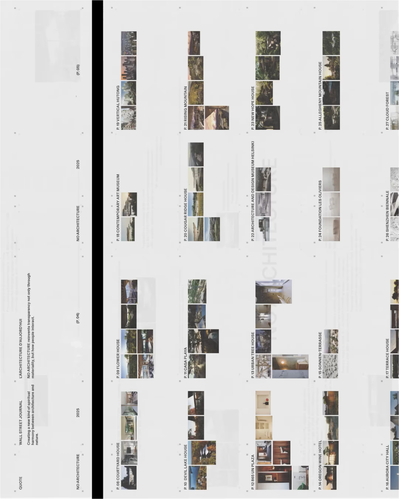 Page layout featuring a 2025 architecture journal cover, a quote about creating spirituality between architecture and nature, and multiple thumbnail images of various architectural projects labeled with page numbers and project names.