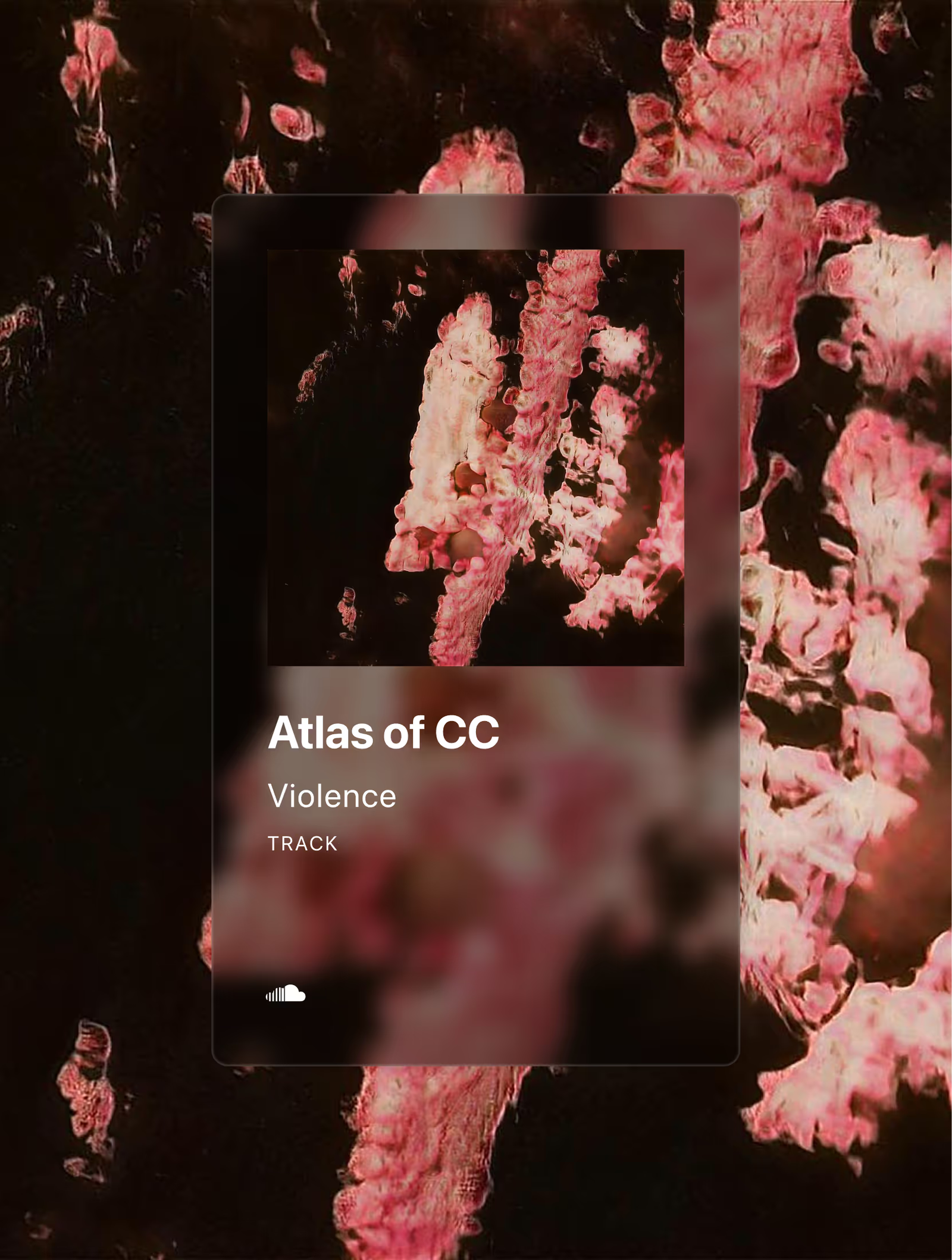 SoundCloud music player displaying the track ‘Violence’ by Atlas of CC with an abstract pink and black background.