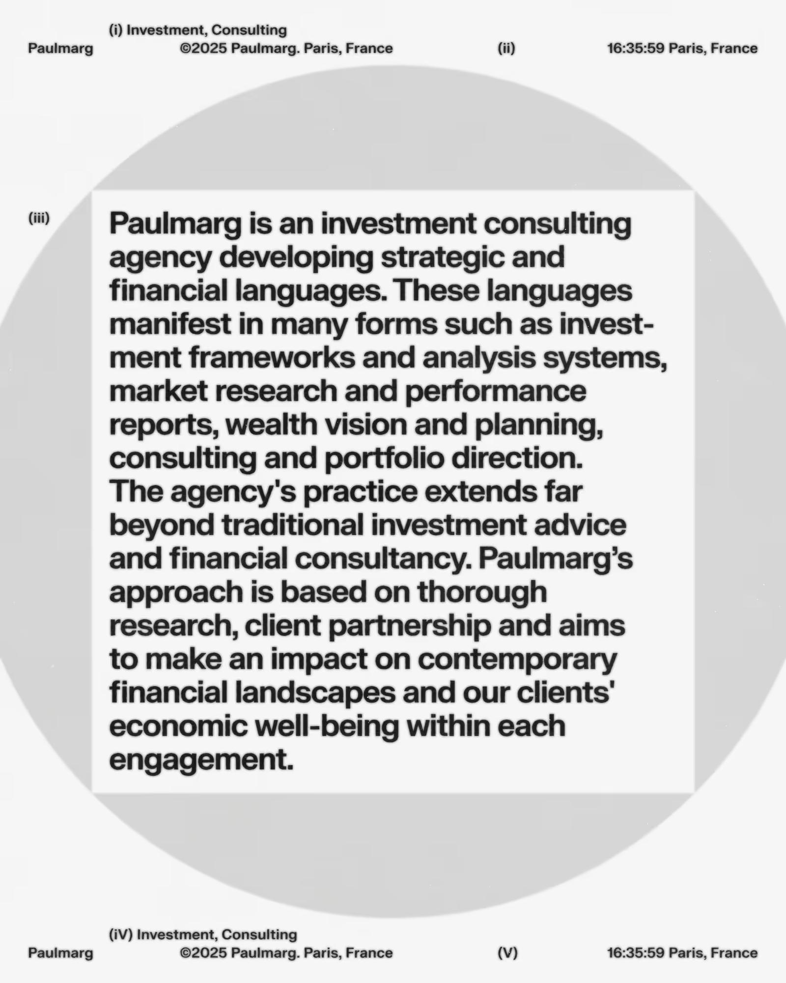 Text describing Paulmarg as an investment consulting agency developing strategic and financial languages, extending beyond traditional advice with a focus on research, client partnership, and economic well-being.